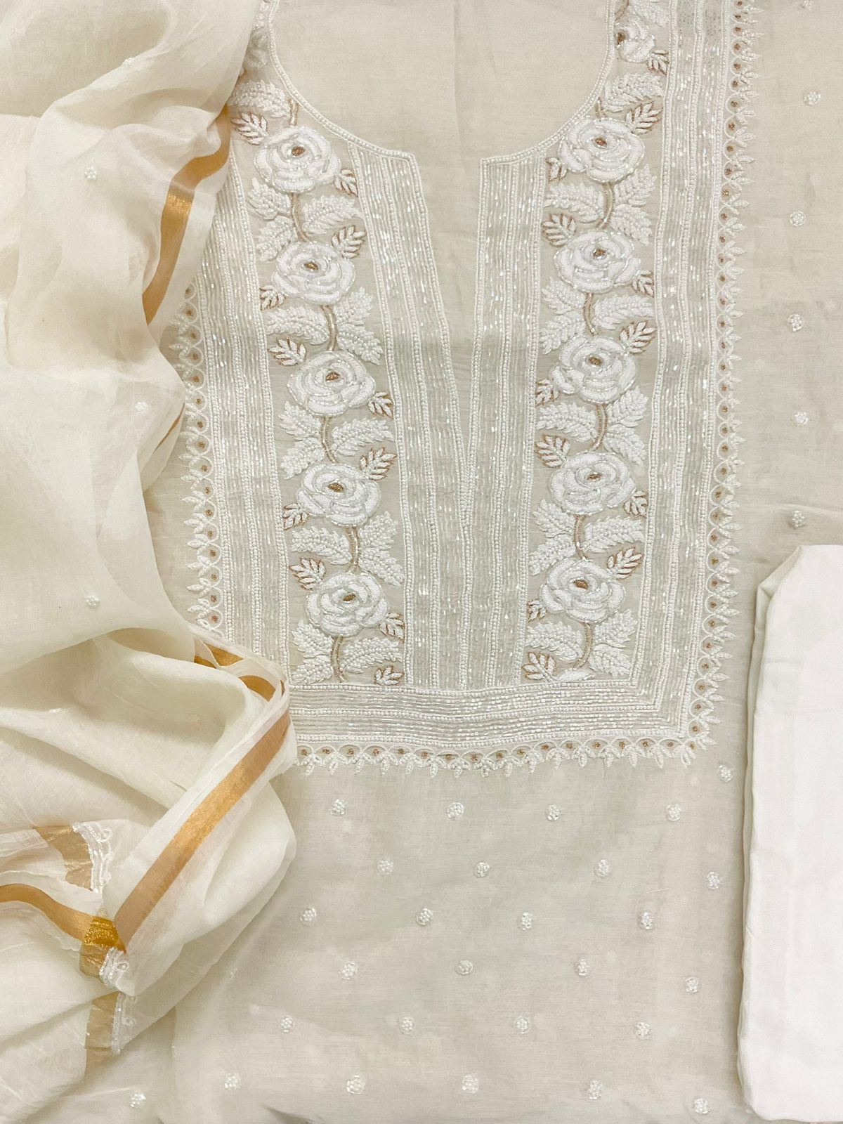 Pure Mul Chanderi Front Back Embroidered Suit - Off White