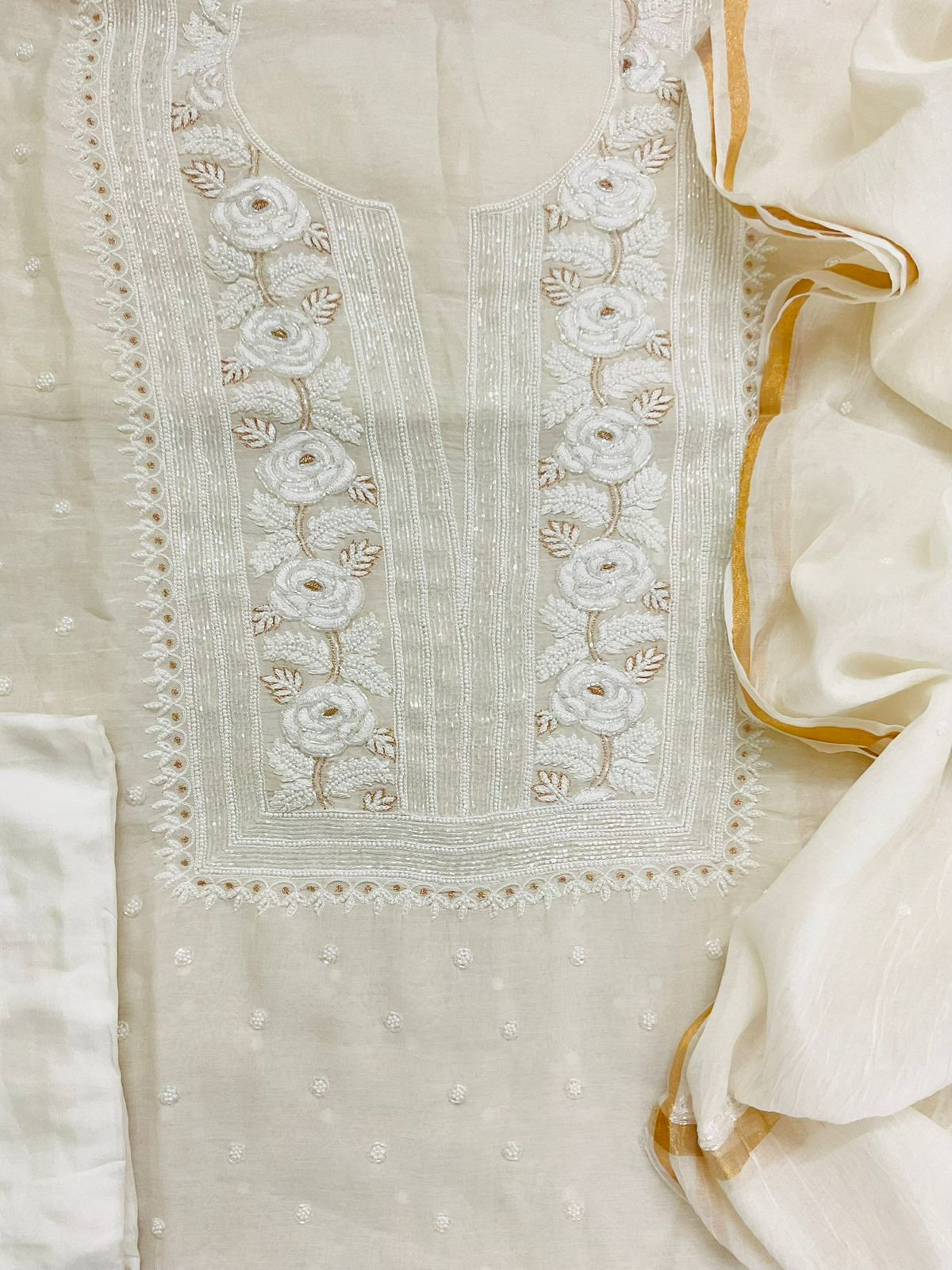 Pure Mul Chanderi Front Back Embroidered Suit - Off White
