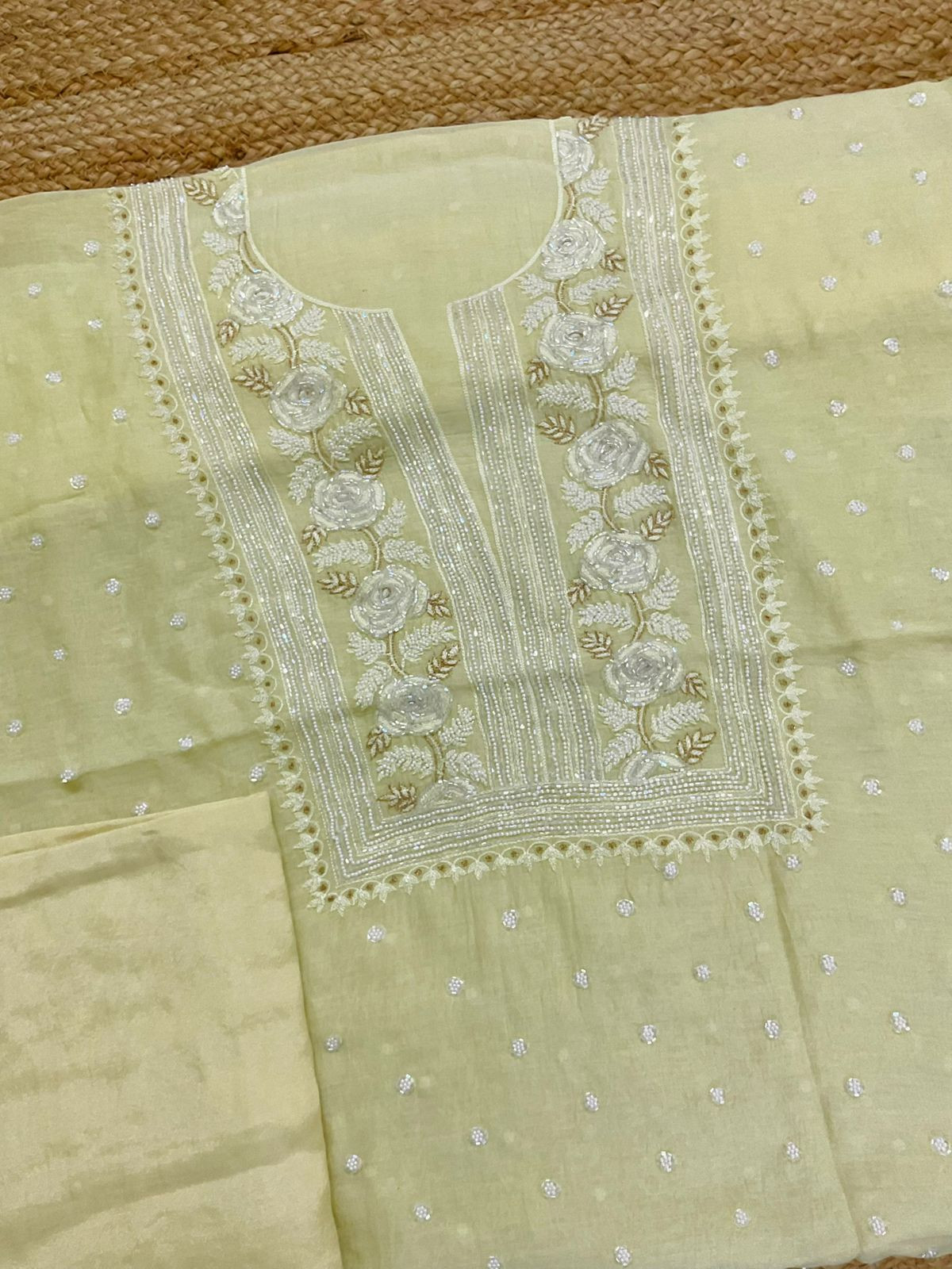 Pure Mul Chanderi Front Back Embroidered Suit - Yellow