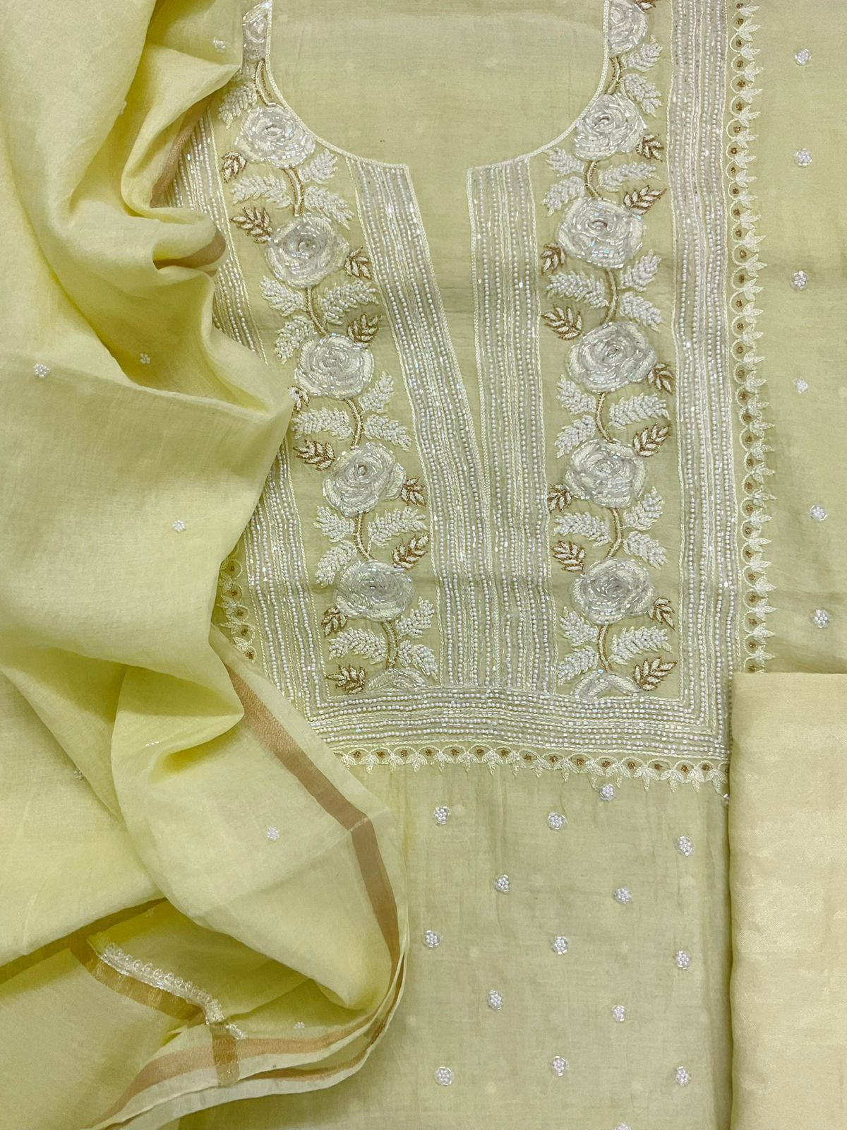 Pure Mul Chanderi Front Back Embroidered Suit - Yellow