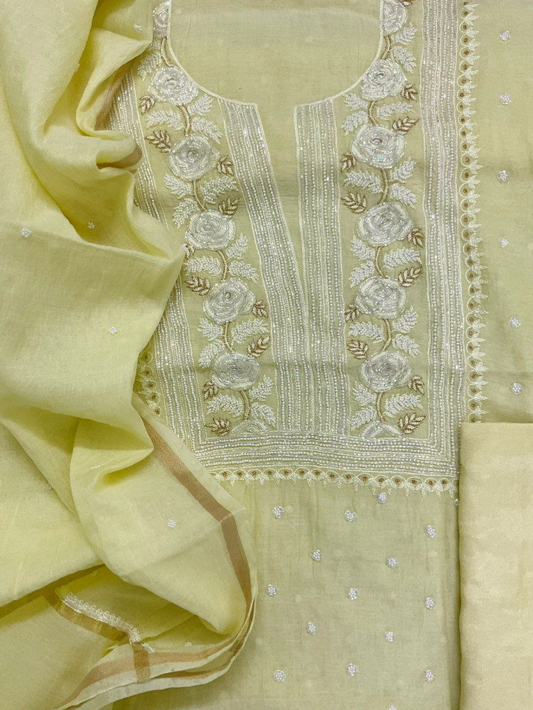 Image of Pure Mul Chanderi Front Back Embroidered Suit - Yellow
