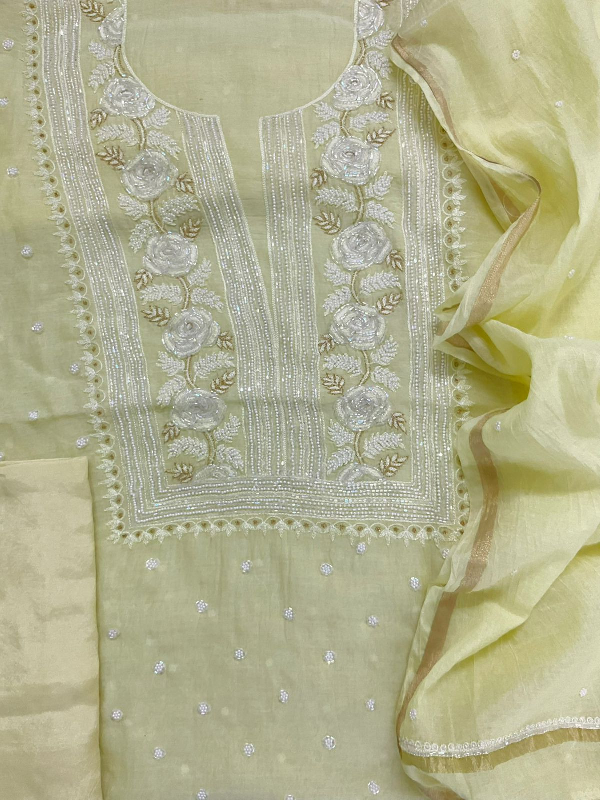 Pure Mul Chanderi Front Back Embroidered Suit - Yellow