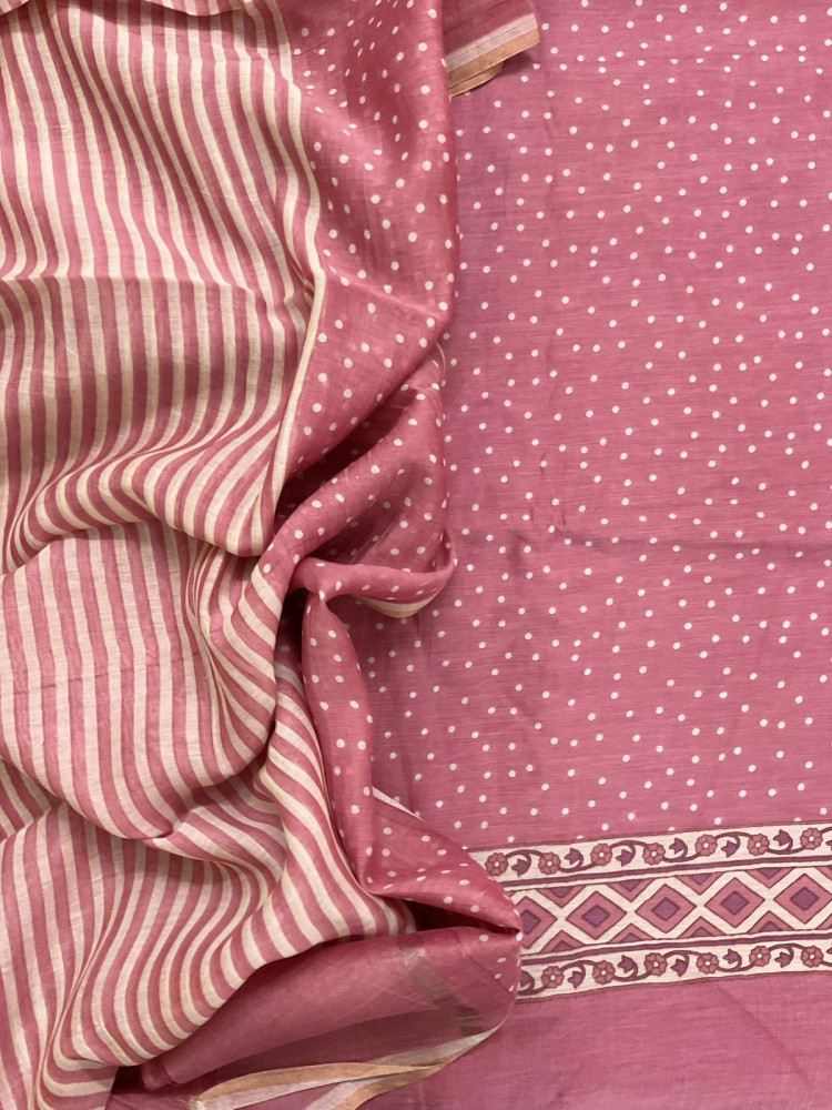 Image of Pure Mul Chanderi Printed Suit - Pink