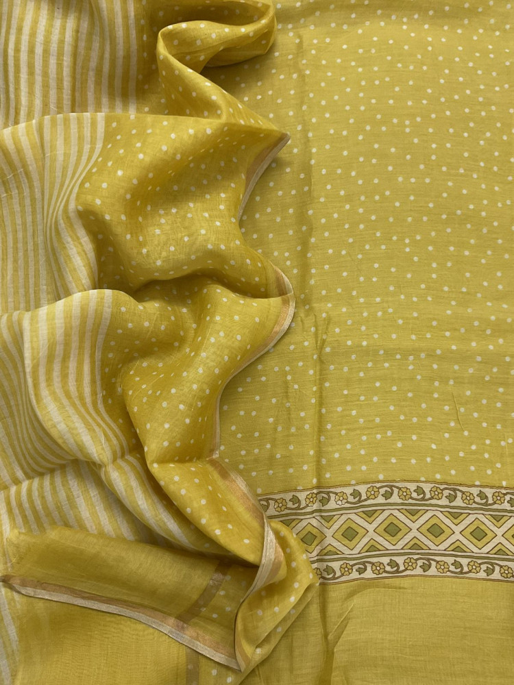 Image of Pure Mul Chanderi Printed Suit - Yellow