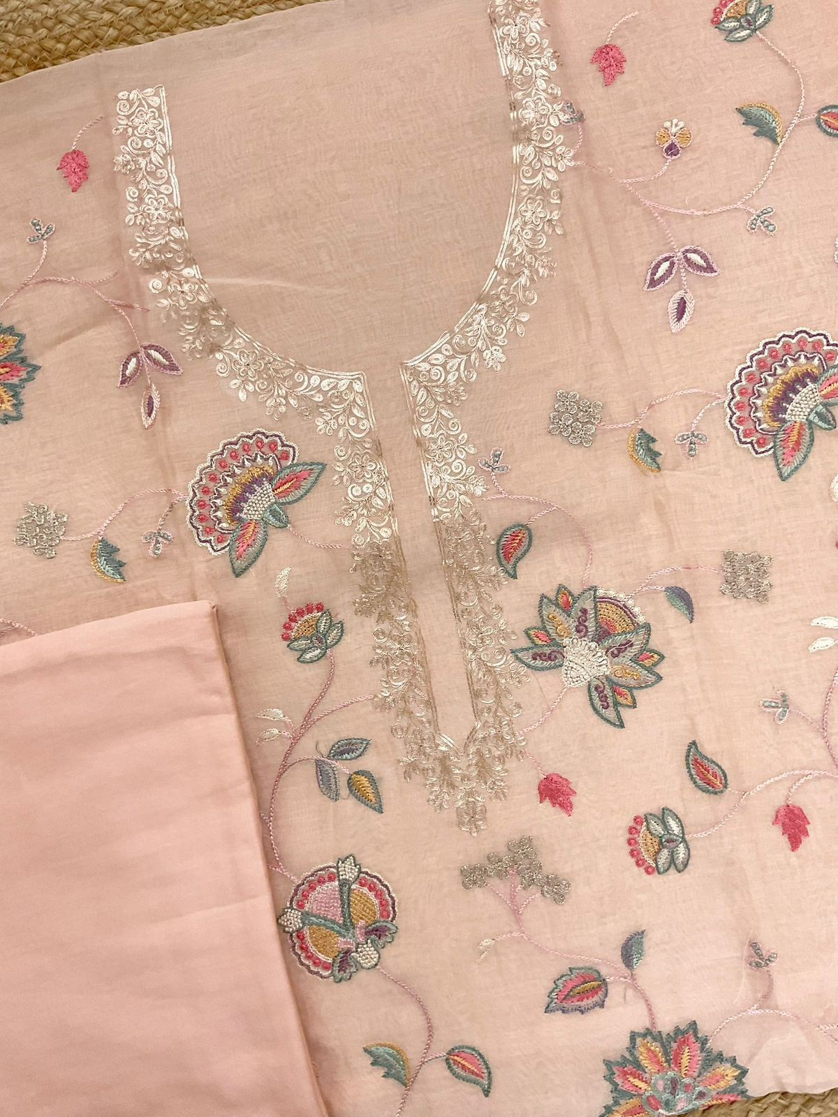 Pure Mul Chanderi Embroidered Suit - Peach