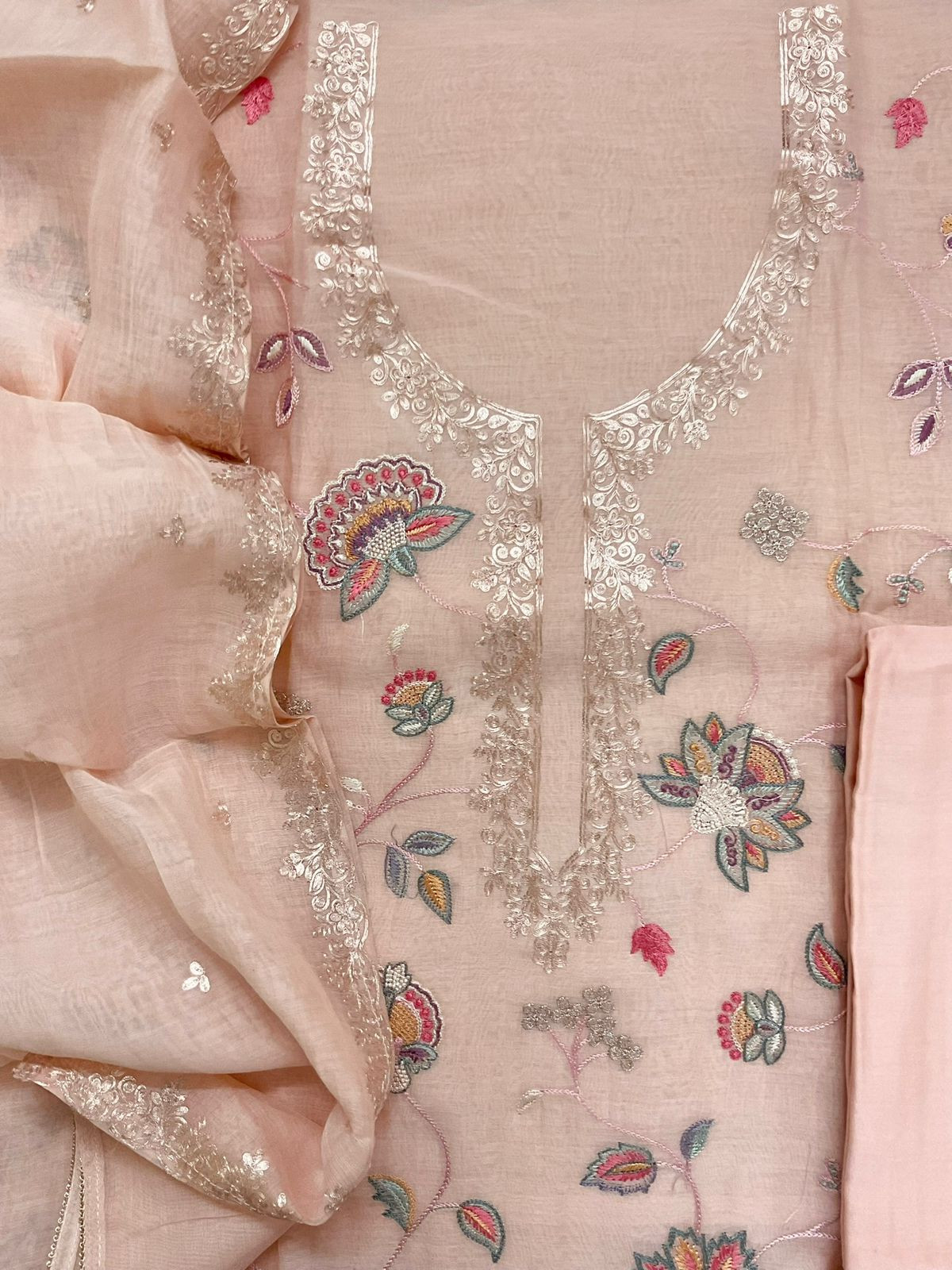 Pure Mul Chanderi Embroidered Suit - Peach