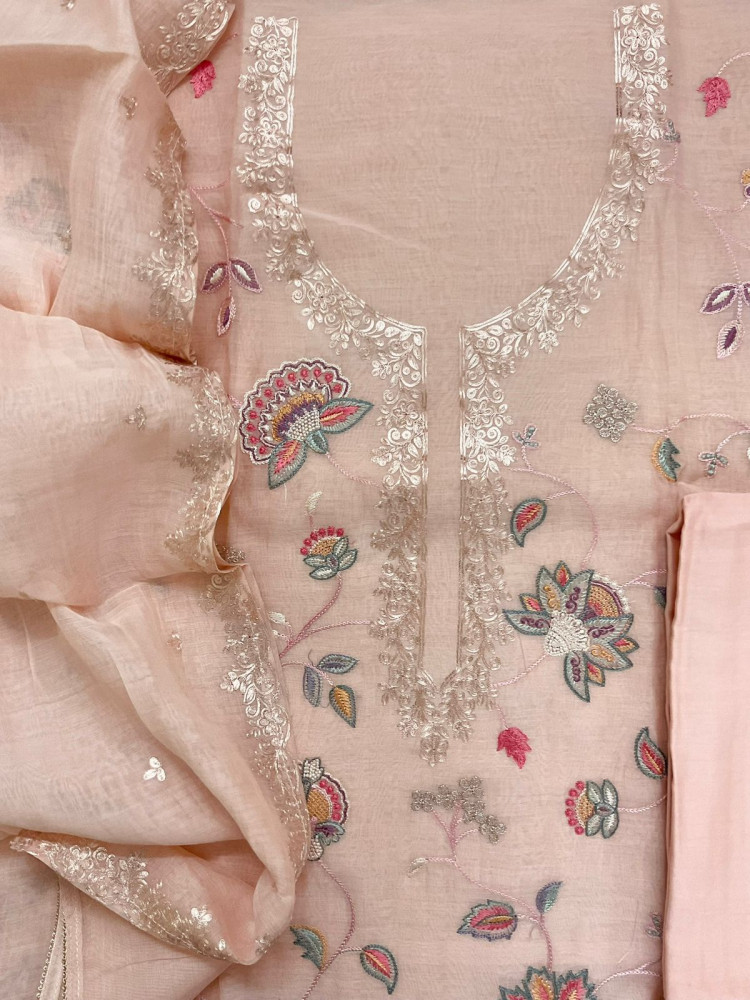 Image of Pure Mul Chanderi Embroidered Suit - Peach