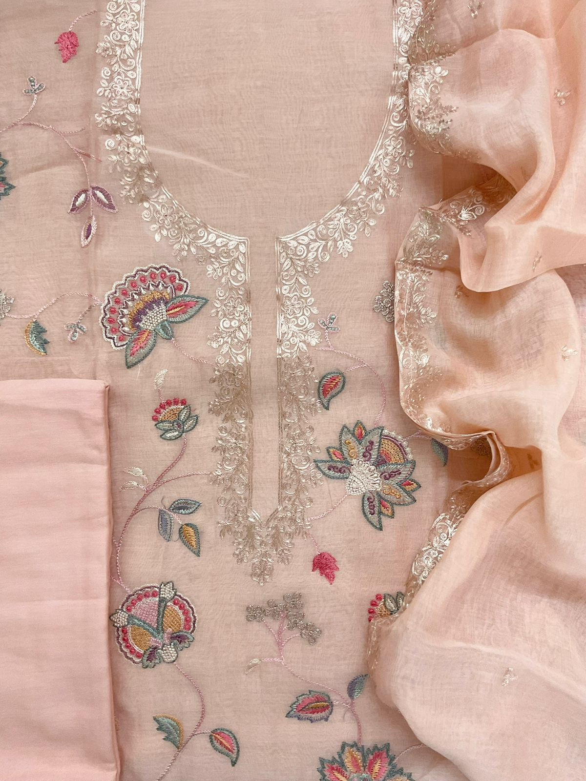 Pure Mul Chanderi Embroidered Suit - Peach