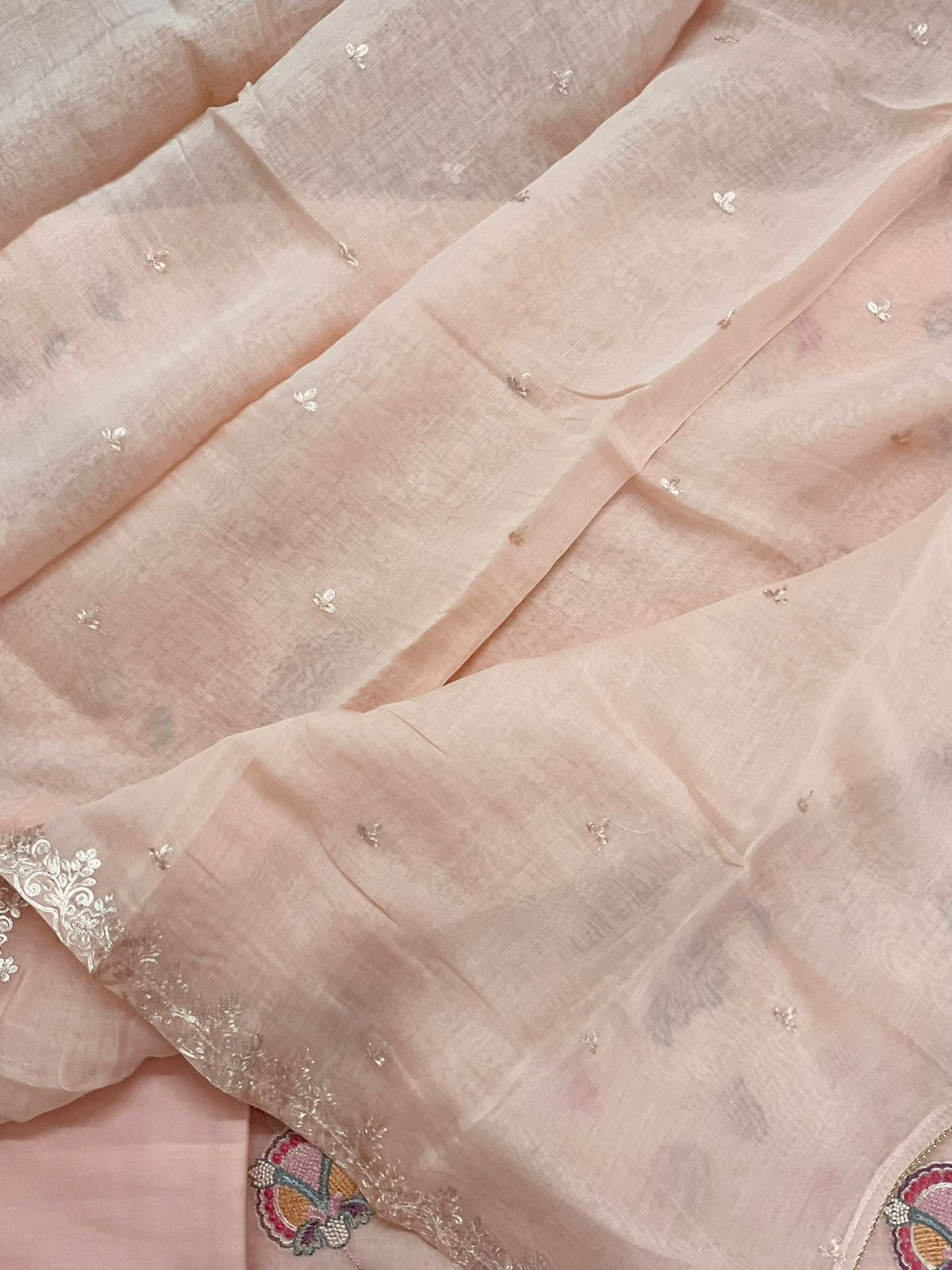 Pure Mul Chanderi Embroidered Suit - Peach