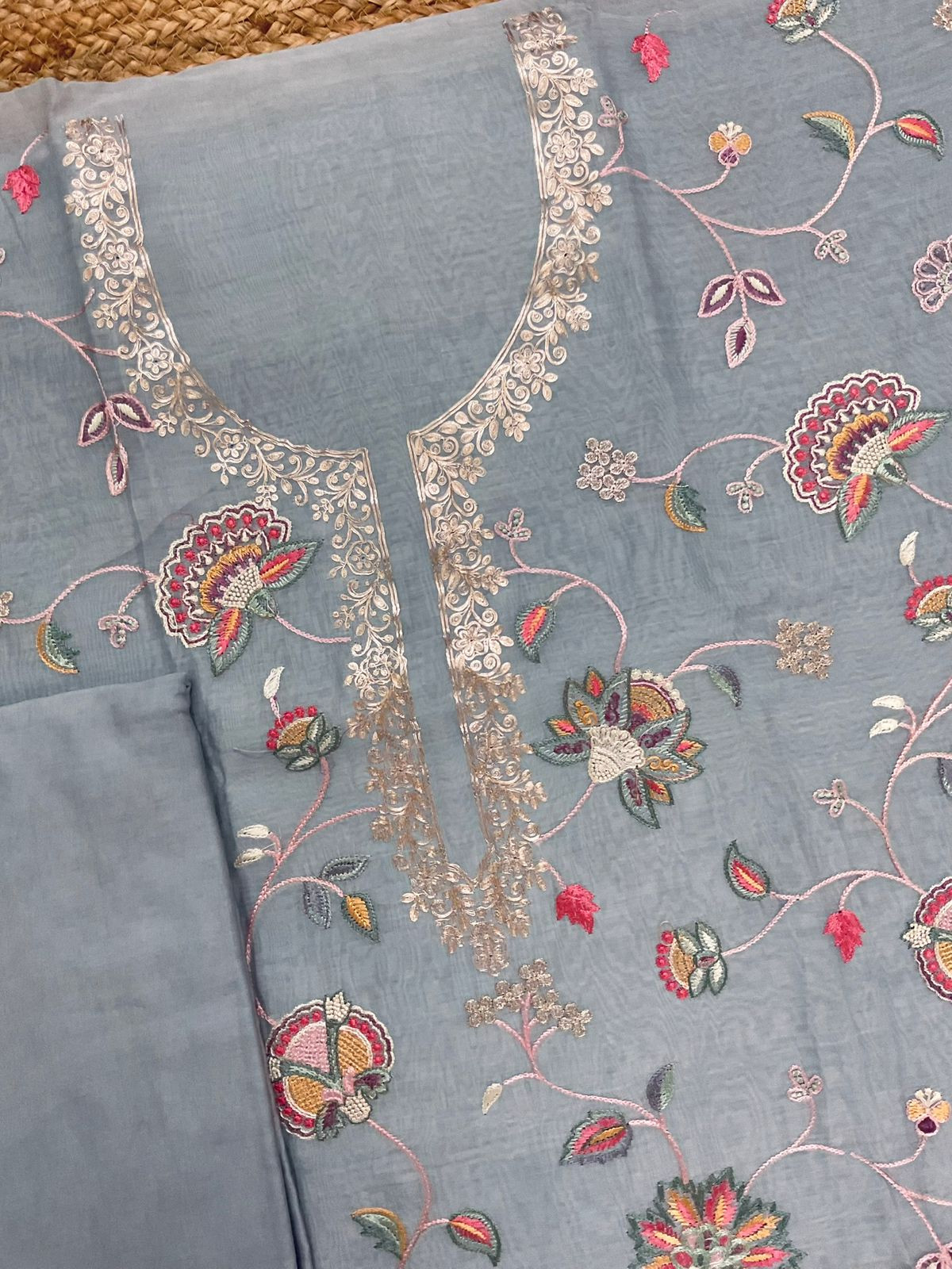 Pure Mul Chanderi Embroidered Suit - Greyish Blue