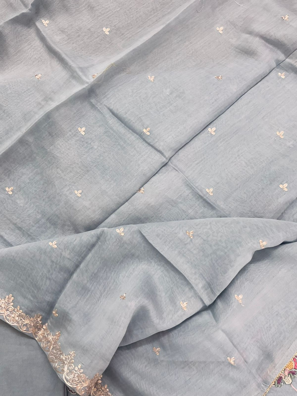 Pure Mul Chanderi Embroidered Suit - Greyish Blue
