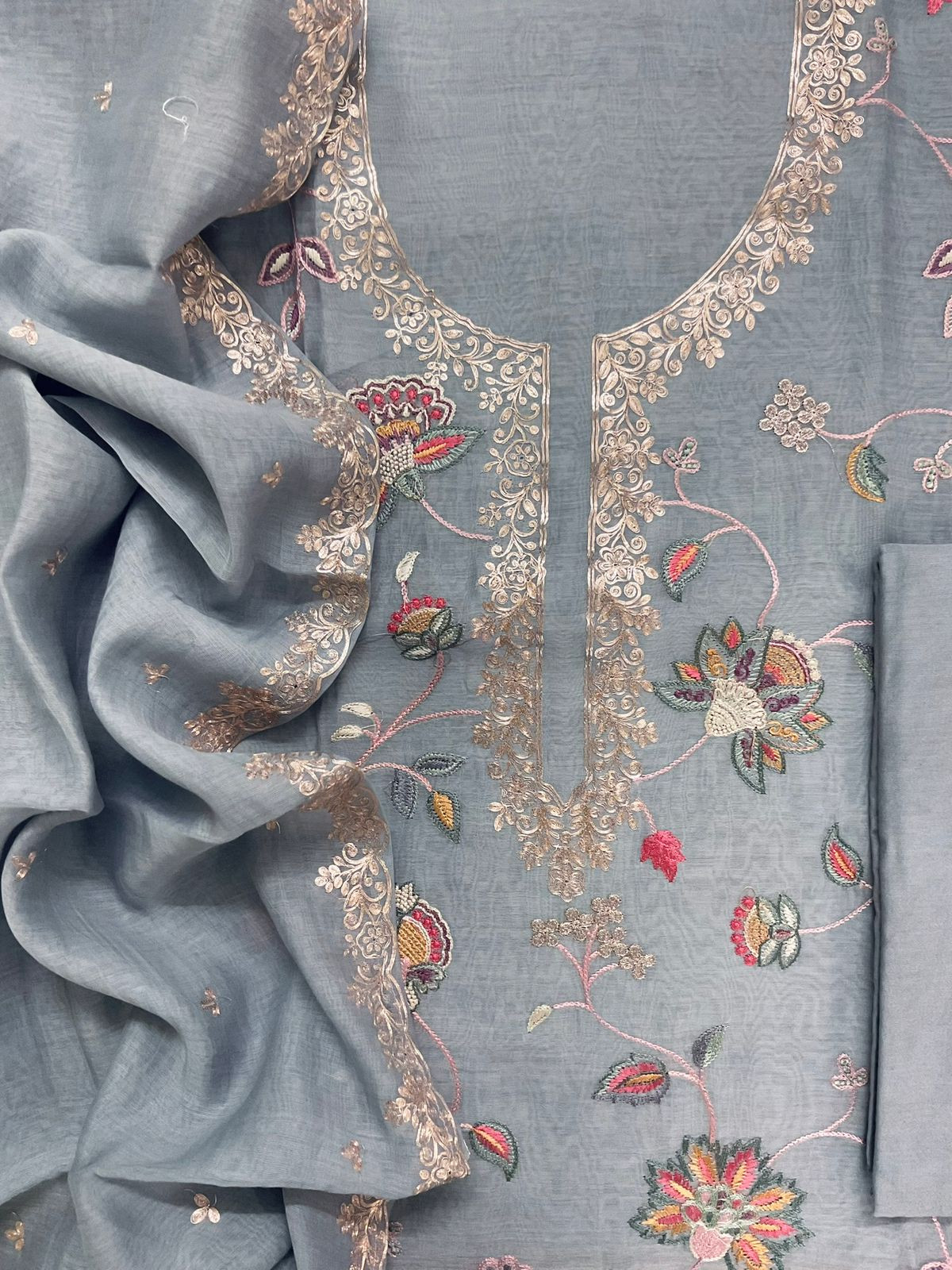 Pure Mul Chanderi Embroidered Suit - Greyish Blue