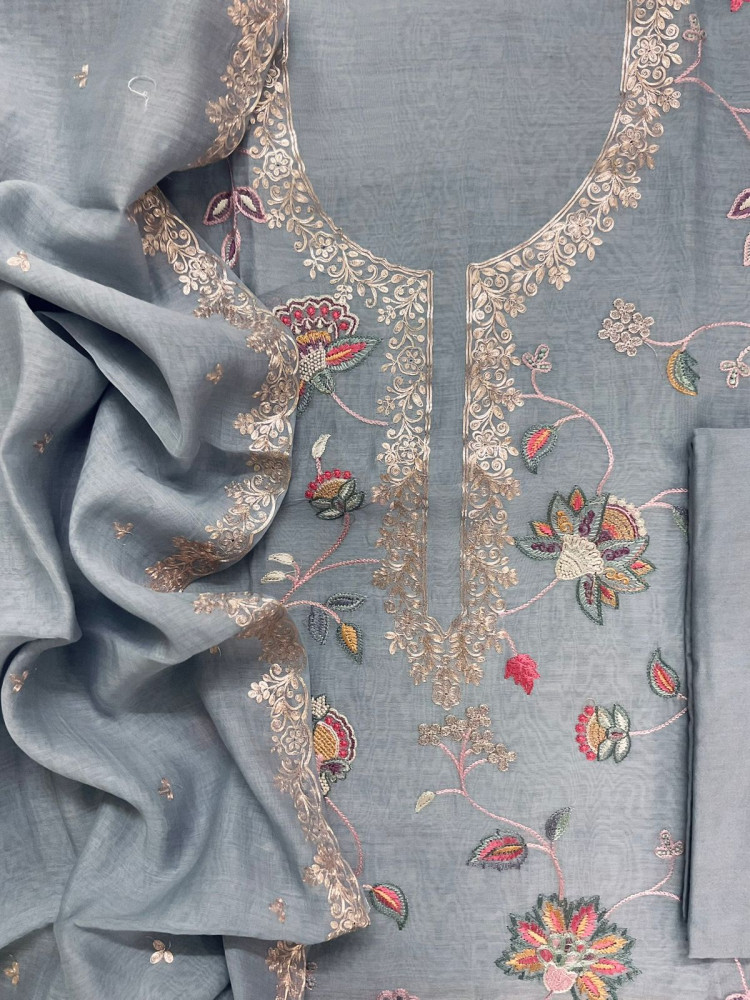 Image of Pure Mul Chanderi Embroidered Suit - Greyish Blue