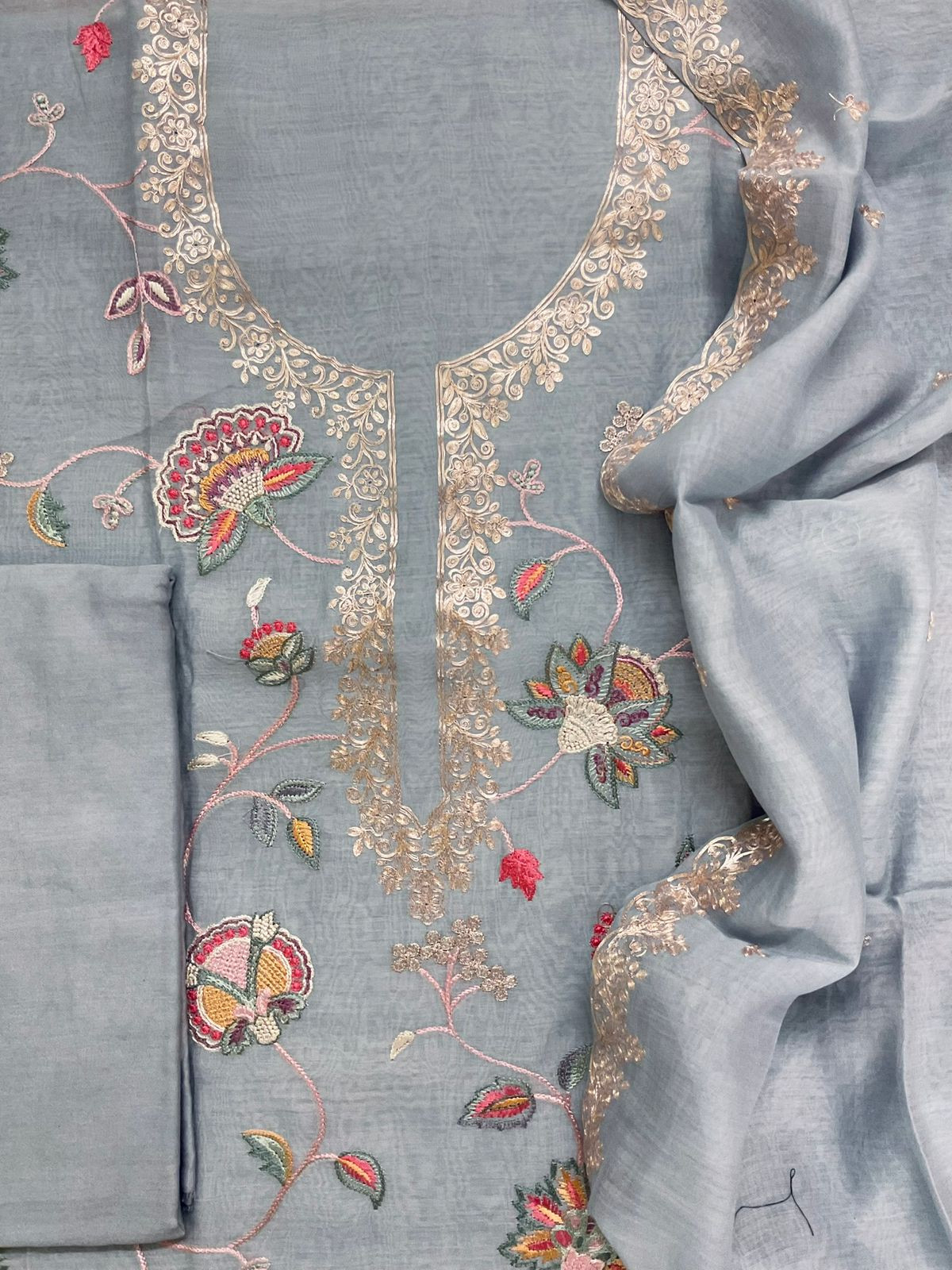 Pure Mul Chanderi Embroidered Suit - Greyish Blue