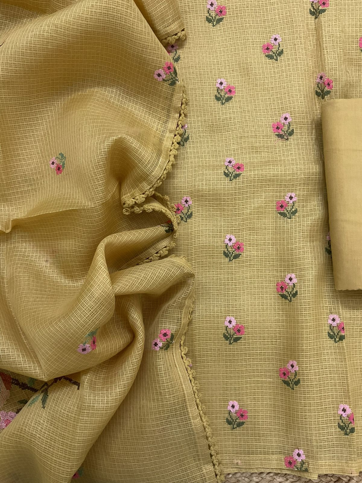 Soft Kota Silk Embroidered Suit - Yellow