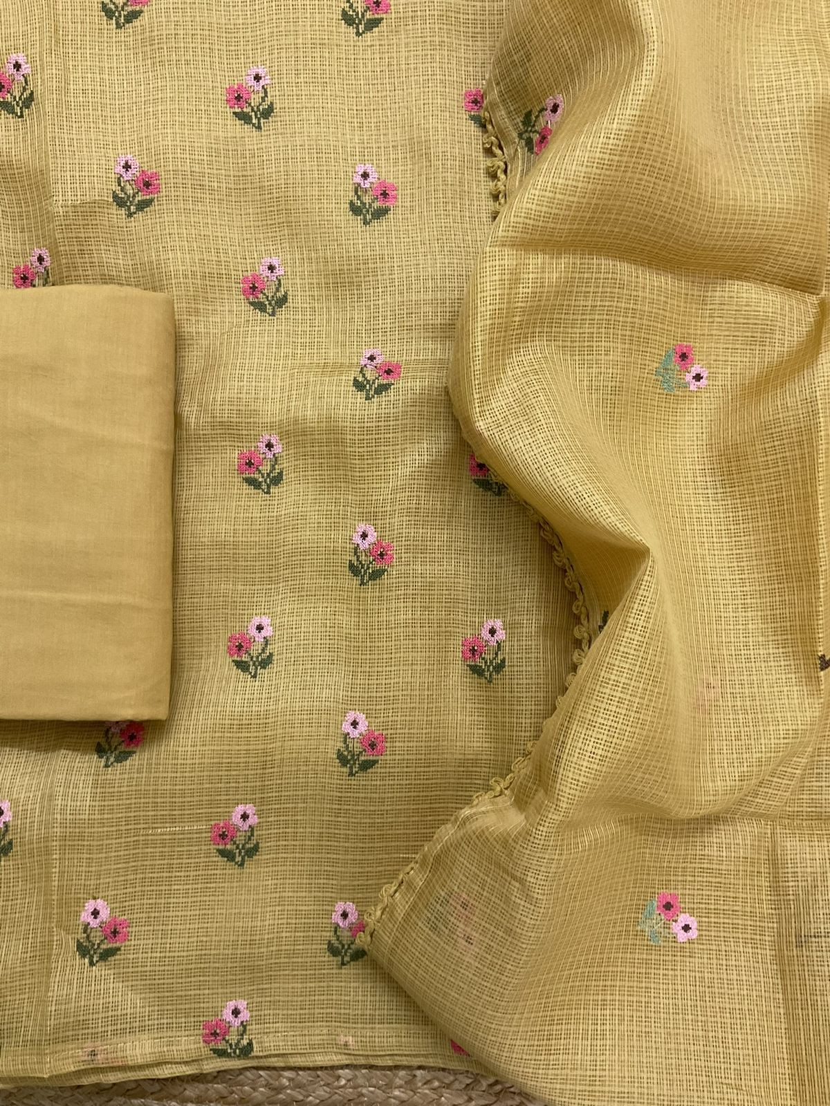 Soft Kota Silk Embroidered Suit - Yellow