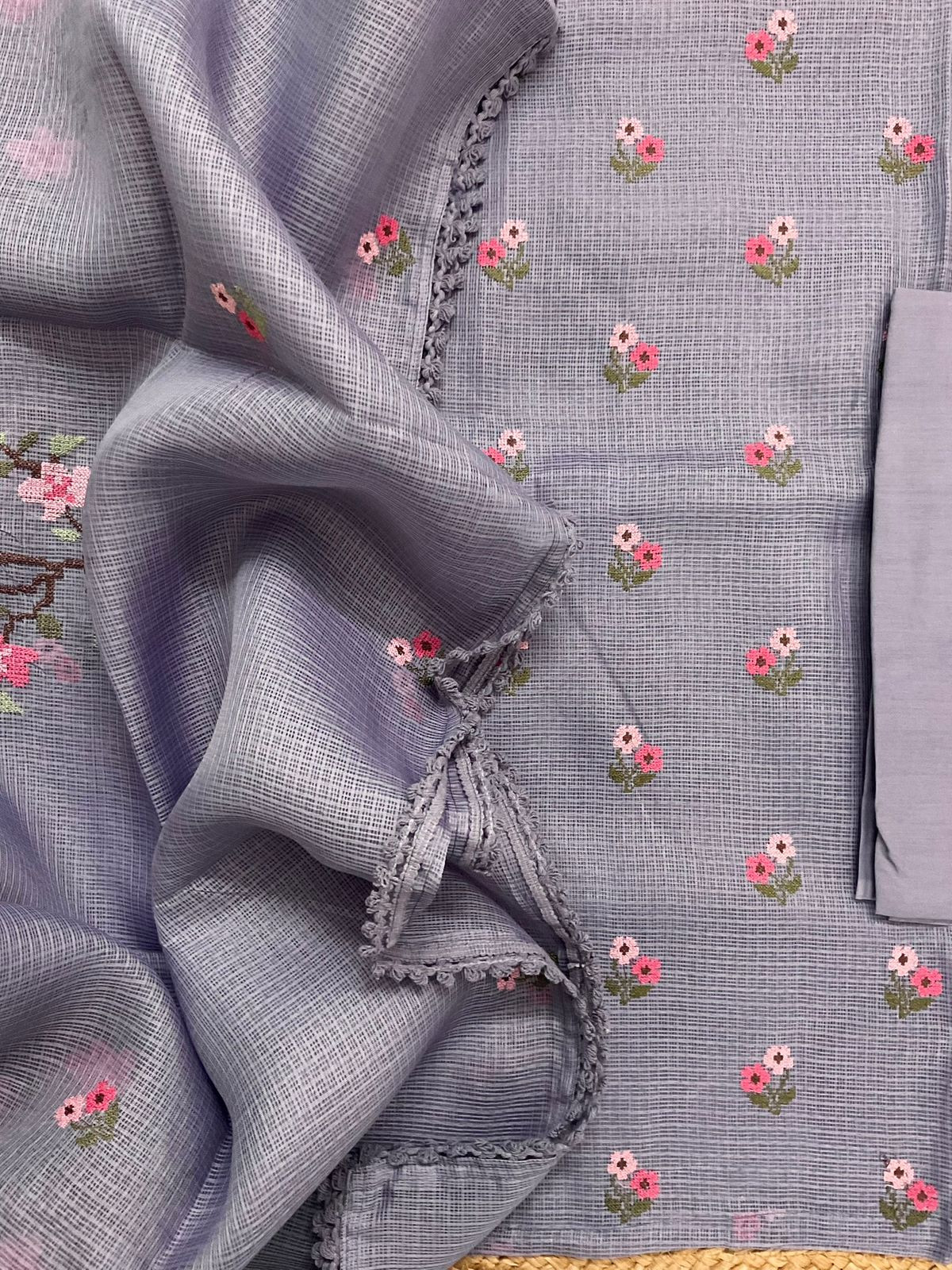 Soft Kota Silk Embroidered Suit - Lavender