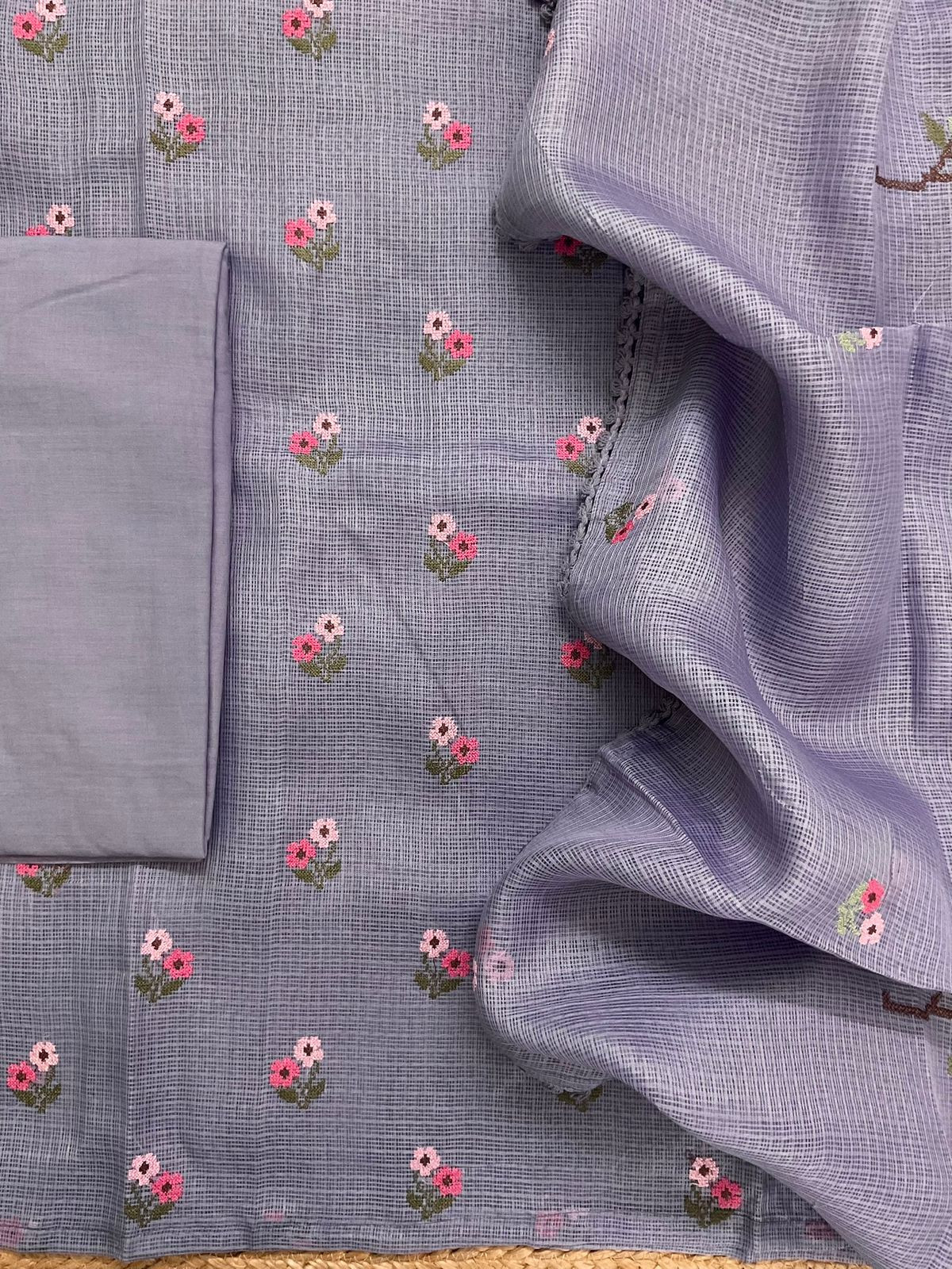 Soft Kota Silk Embroidered Suit - Lavender