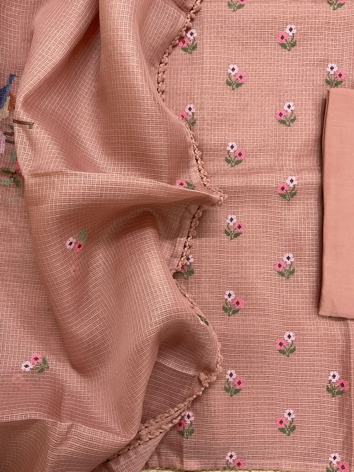 Soft Kota Silk Embroidered Suit - Peach