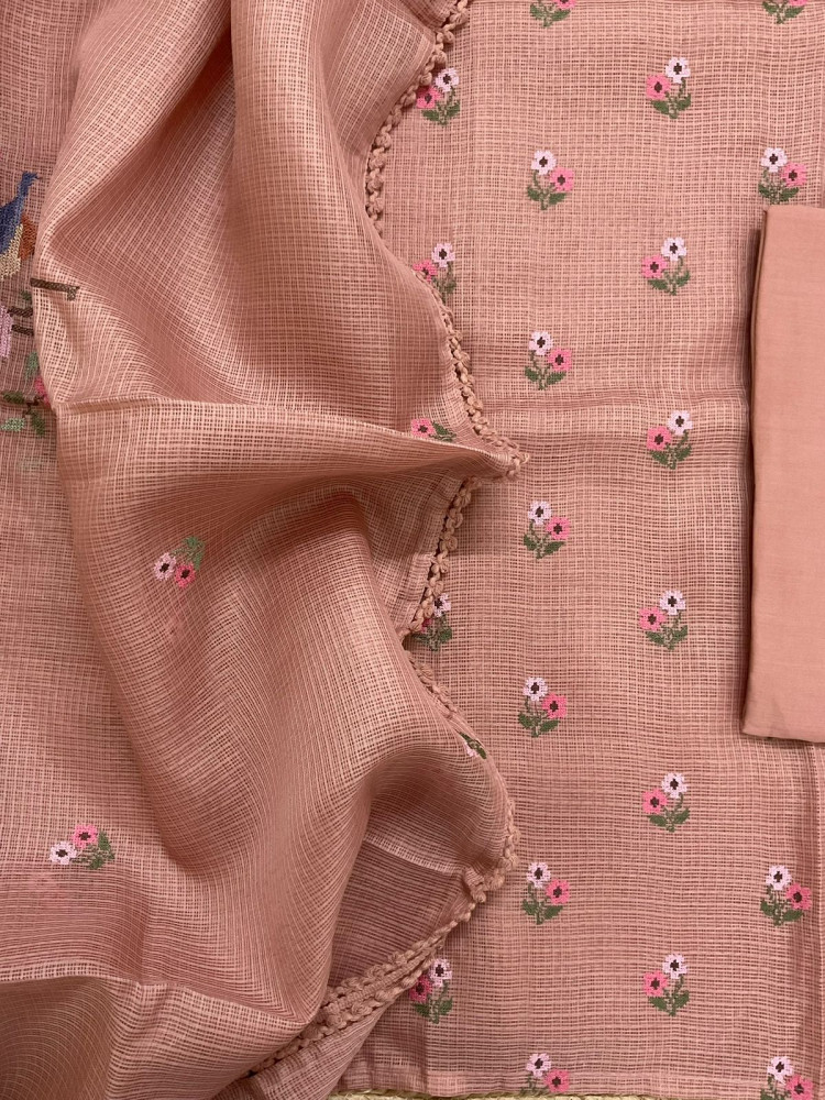 Image of Soft Kota Silk Embroidered Suit - Peach