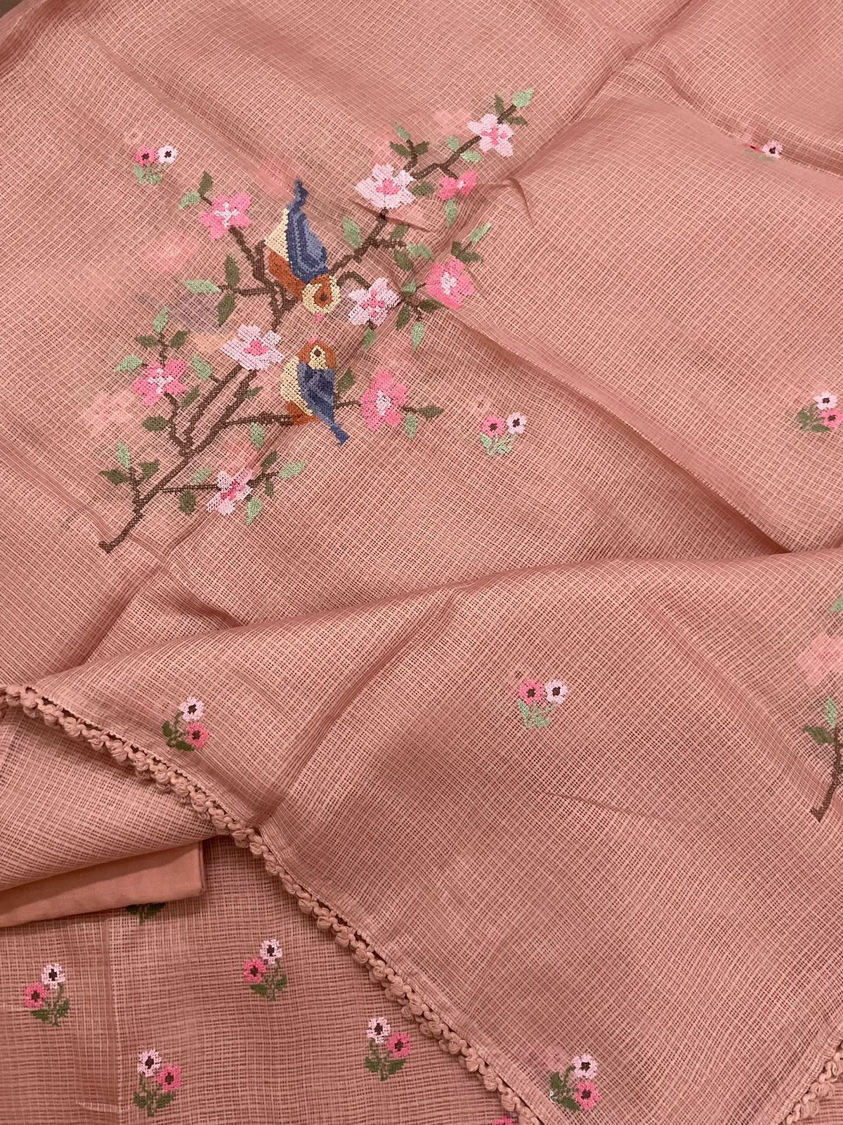 Soft Kota Silk Embroidered Suit - Peach
