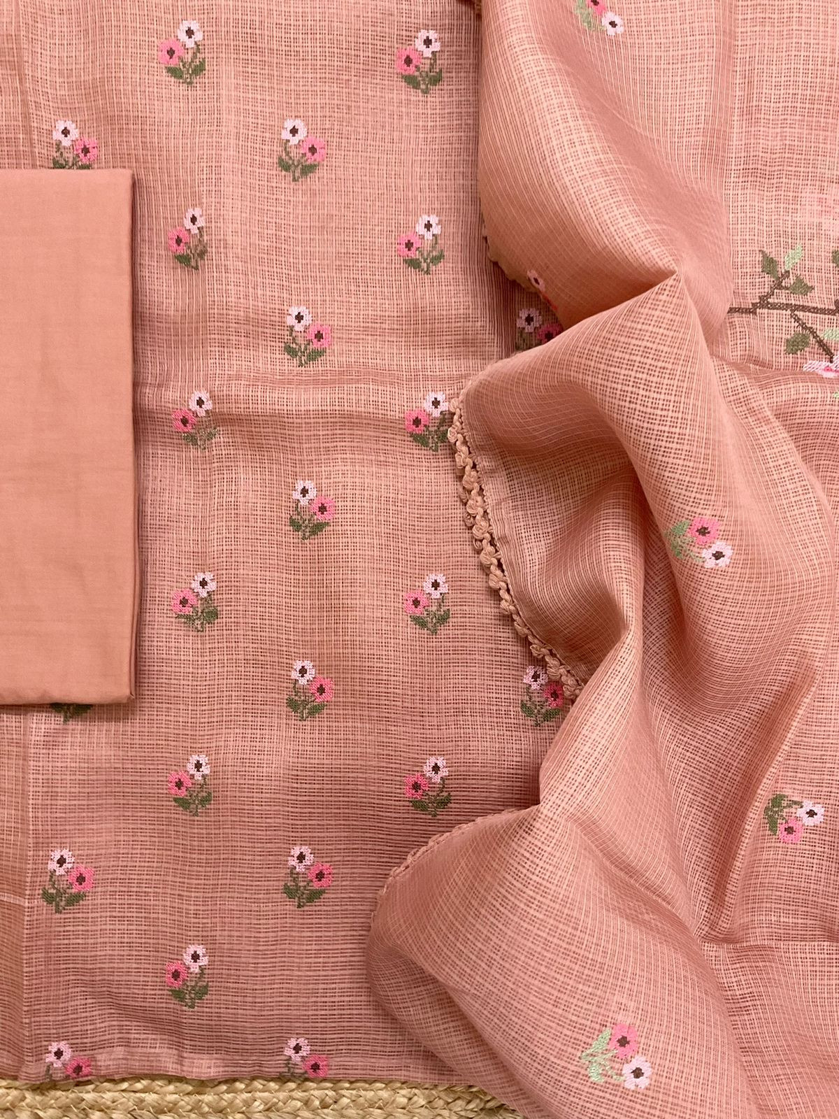 Soft Kota Silk Embroidered Suit - Peach