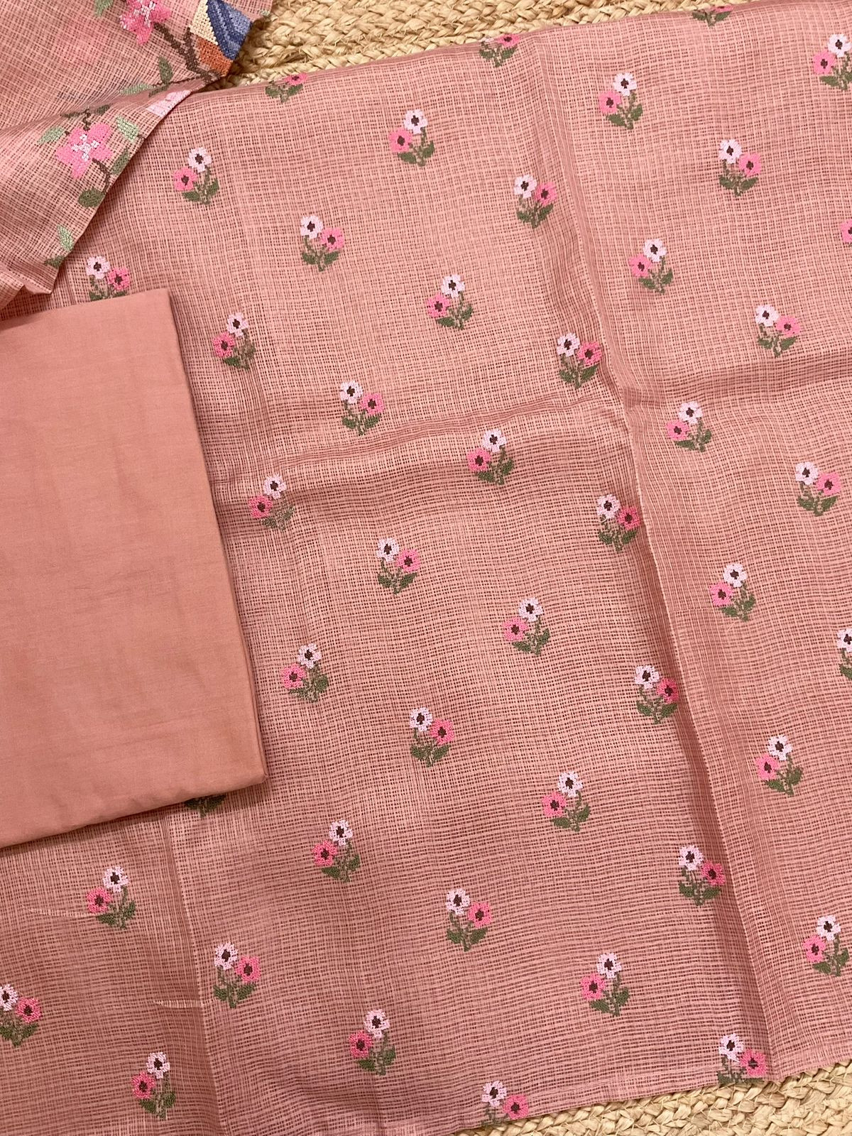 Soft Kota Silk Embroidered Suit - Peach