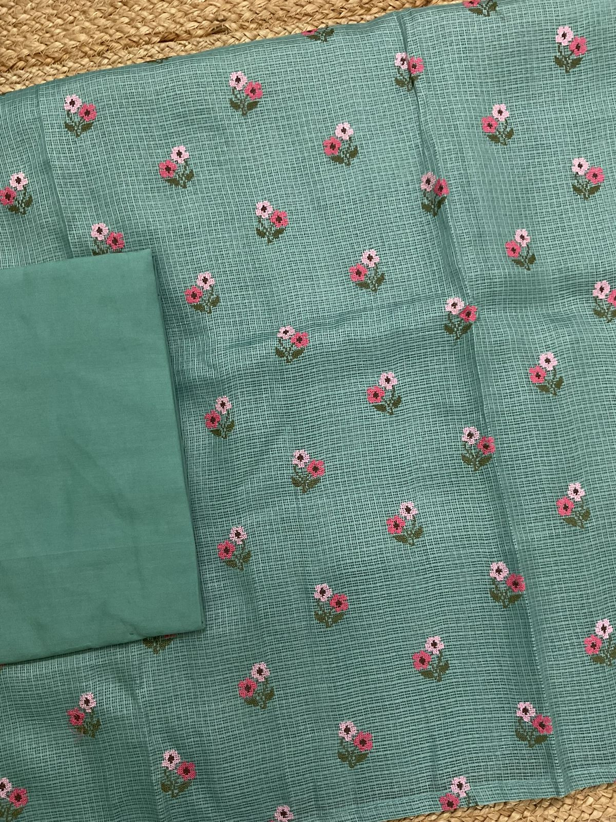 Soft Kota Silk Embroidered Suit - Green