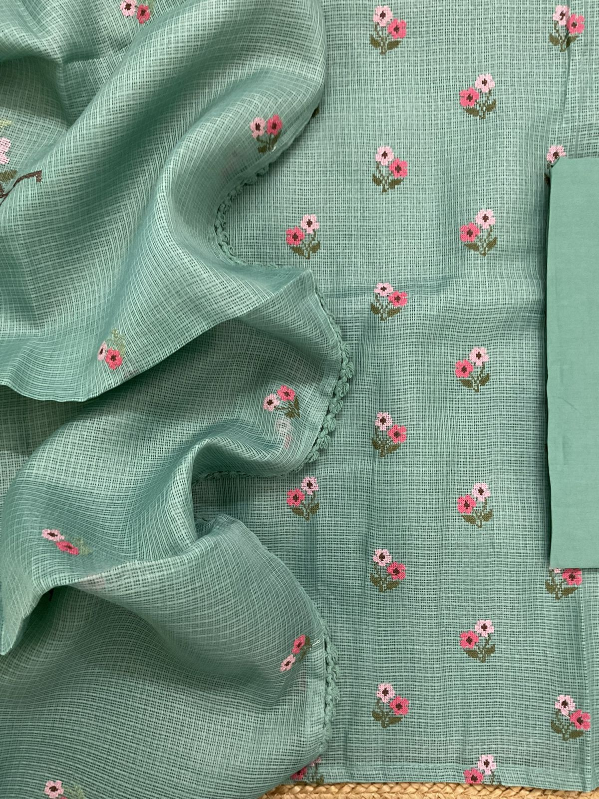 Soft Kota Silk Embroidered Suit - Green