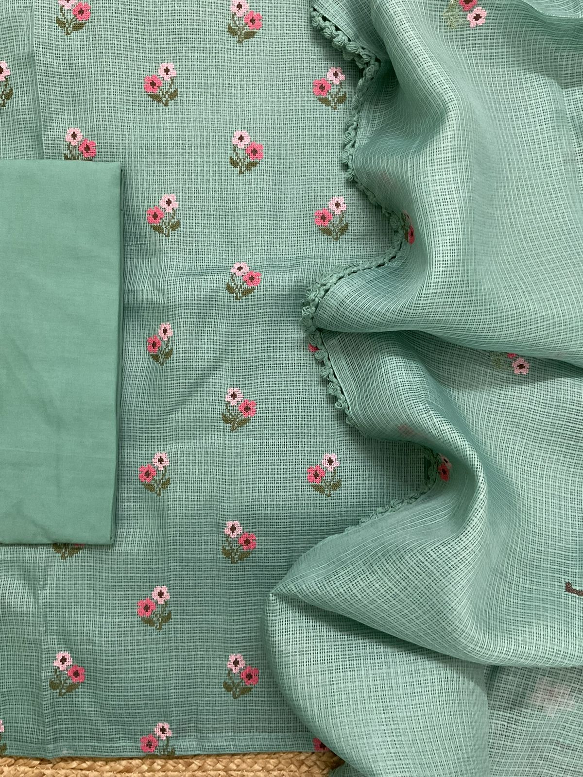 Soft Kota Silk Embroidered Suit - Green
