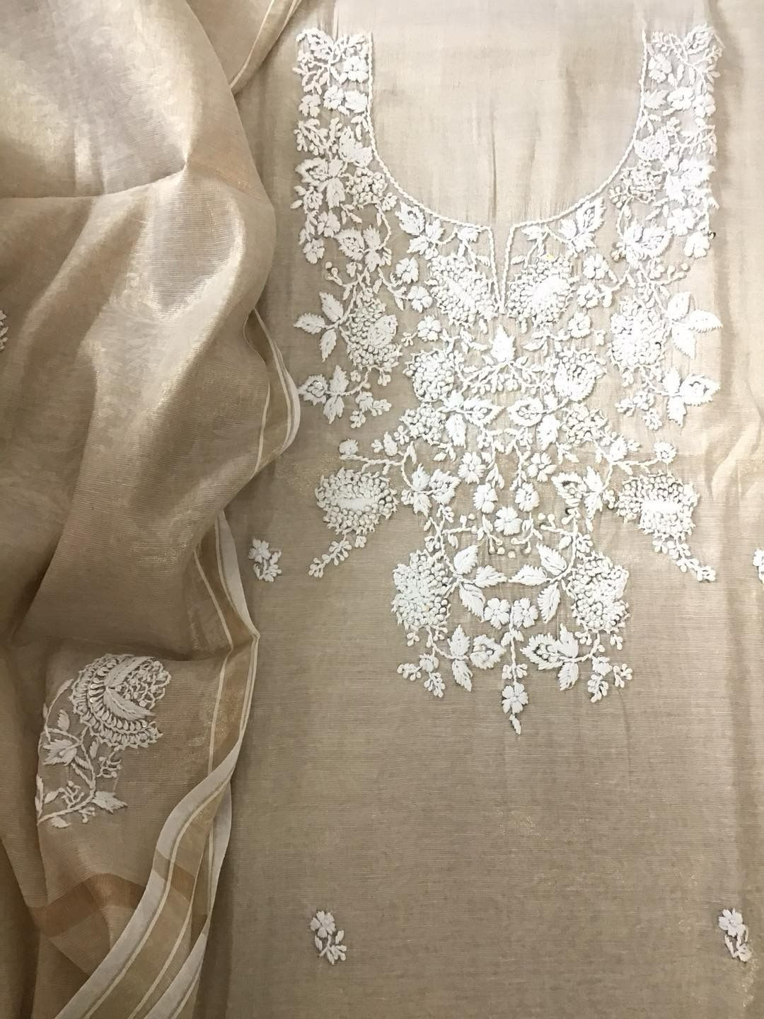 Soft Tissue Silk Embroidered Suit - Beige