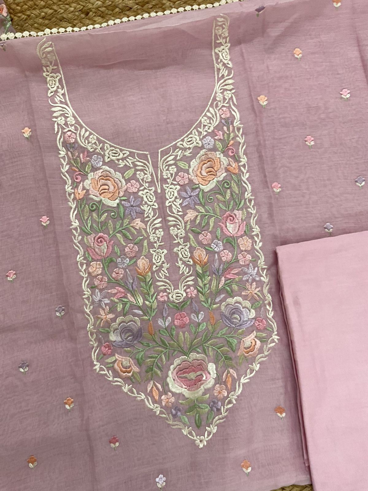 Pure Mul Chanderi Embroidered Suit - Pink