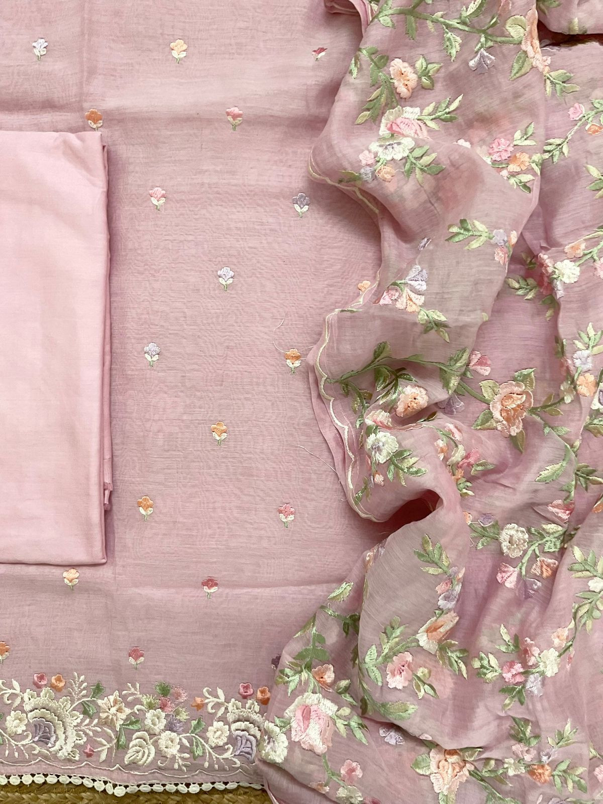 Pure Mul Chanderi Embroidered Suit - Pink