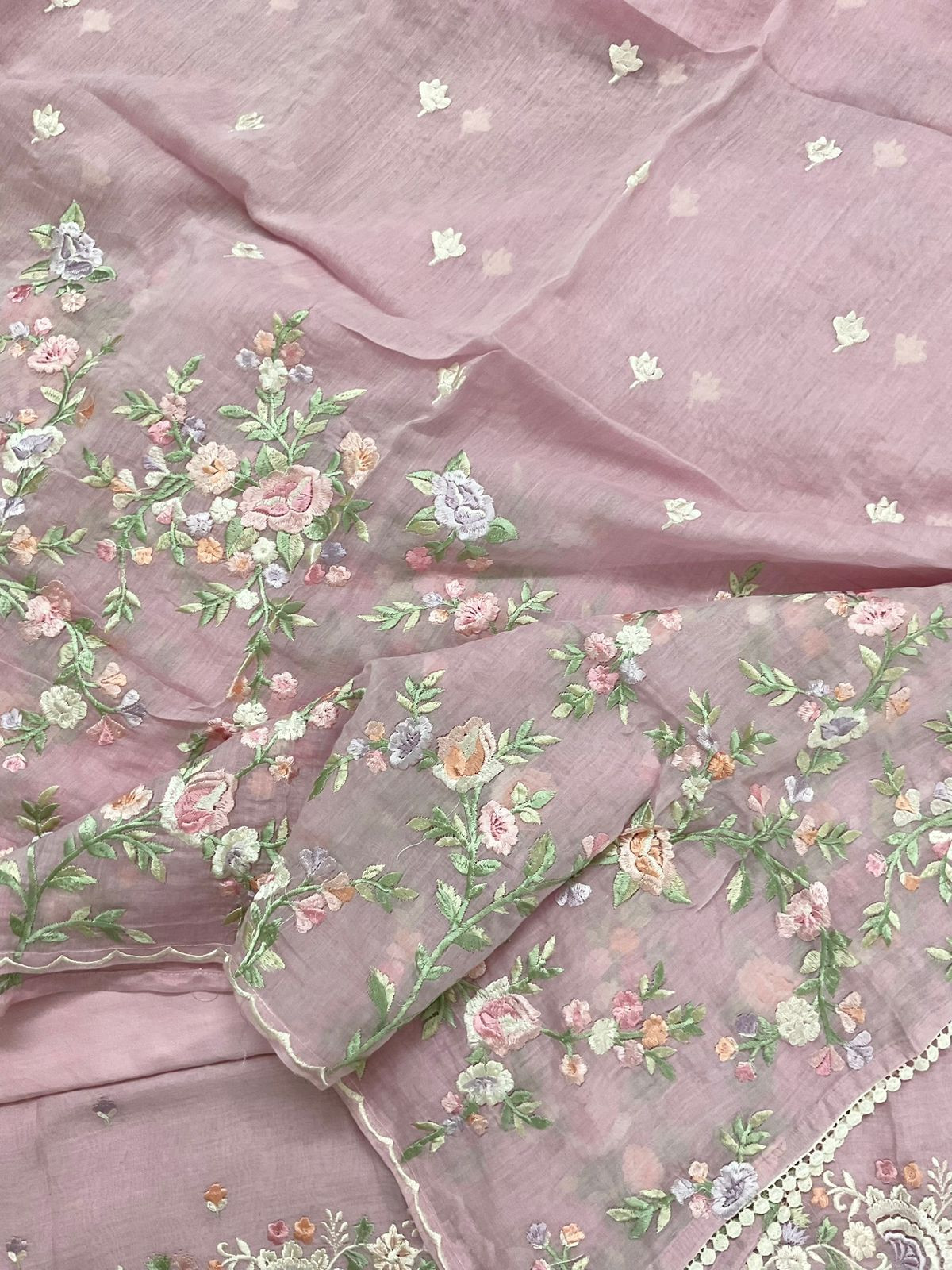 Pure Mul Chanderi Embroidered Suit - Pink