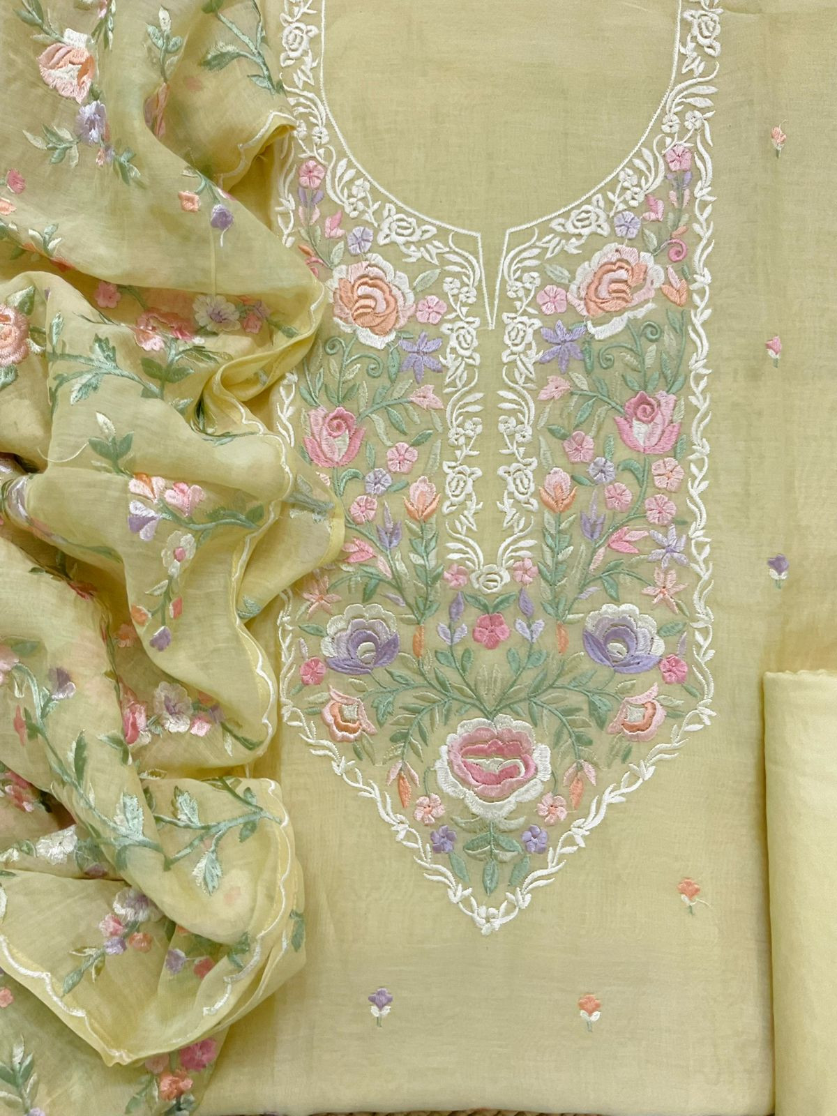 Pure Mul Chanderi Embroidered Suit - Yellow