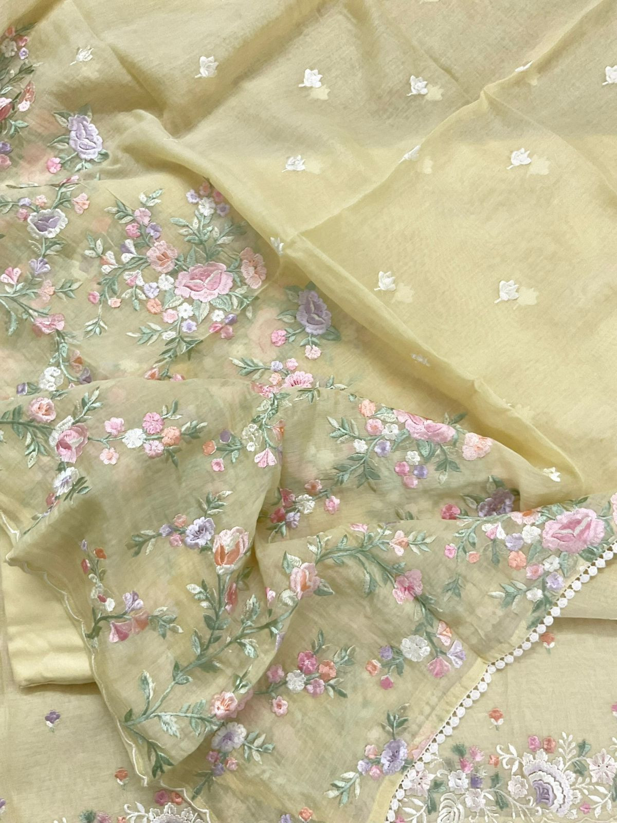 Pure Mul Chanderi Embroidered Suit - Yellow