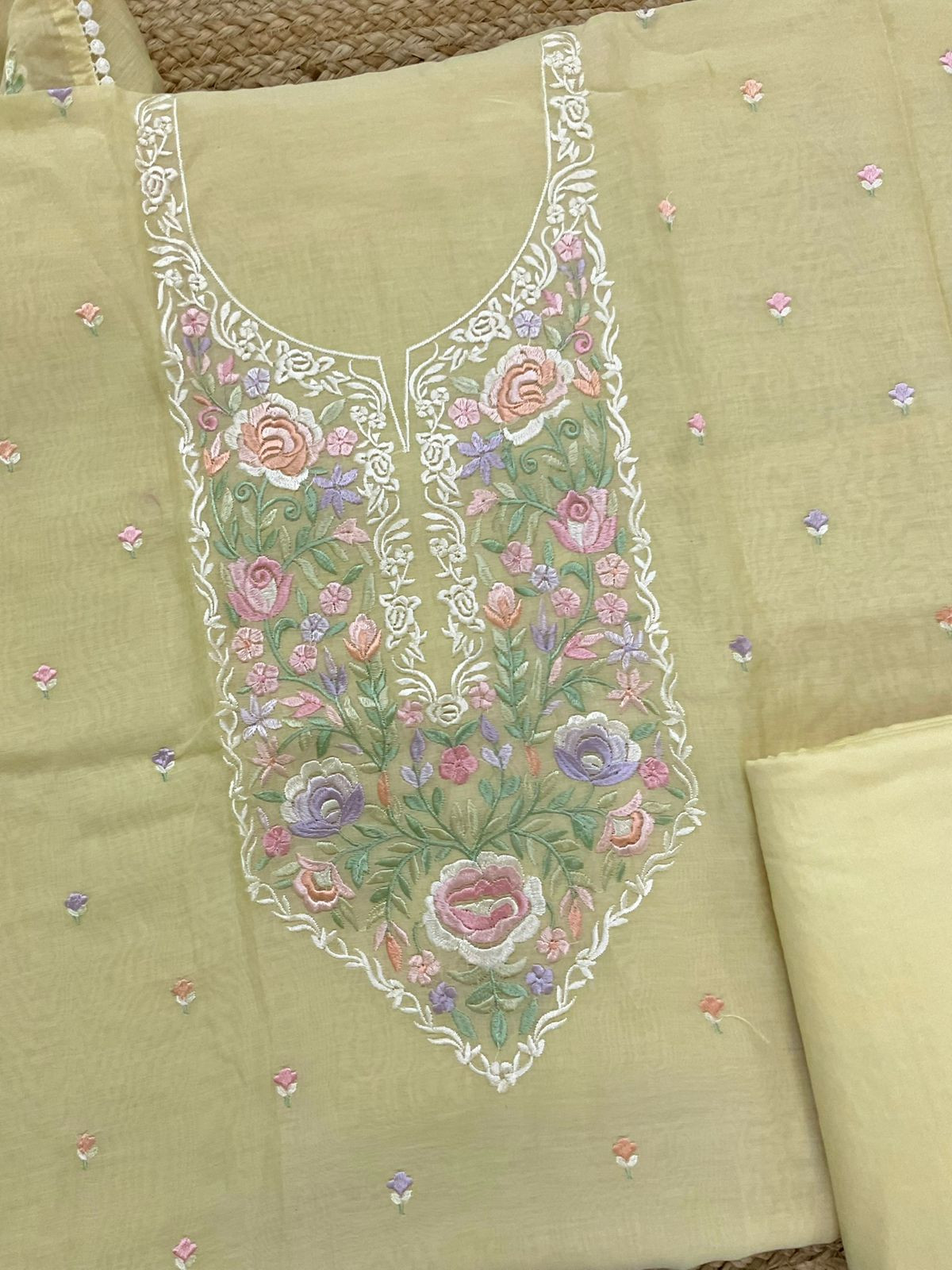 Pure Mul Chanderi Embroidered Suit - Yellow