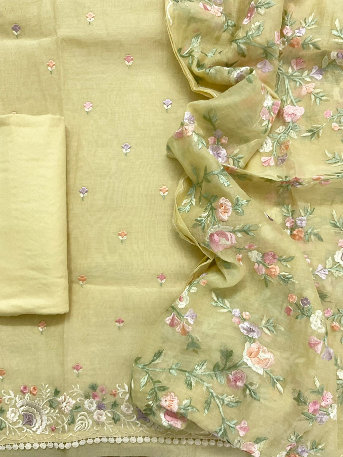 Pure Mul Chanderi Embroidered Suit - Yellow