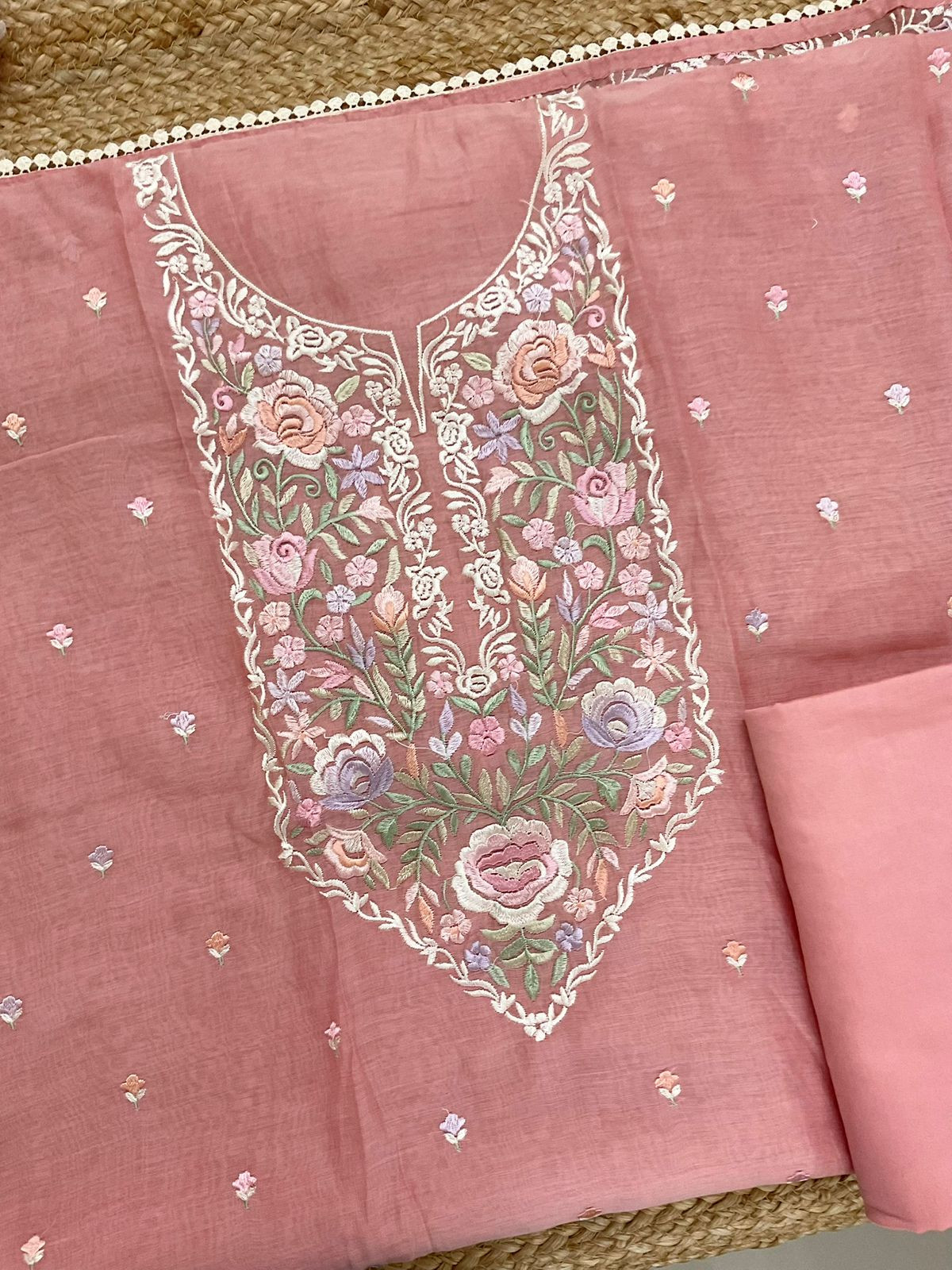 Pure Mul Chanderi Embroidered Suit - Peach