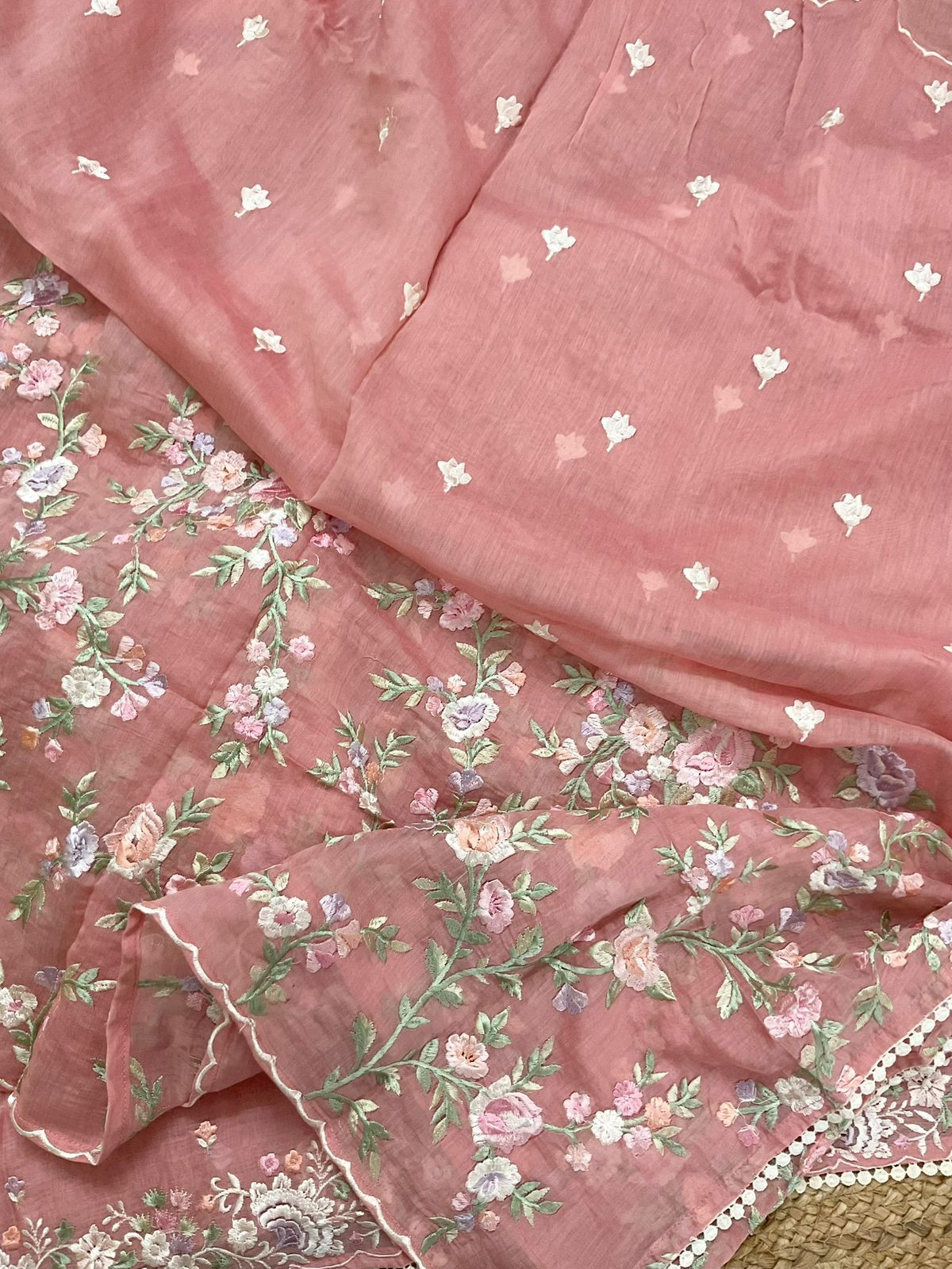 Pure Mul Chanderi Embroidered Suit - Peach