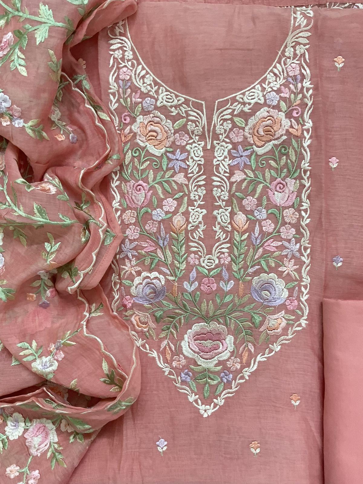 Pure Mul Chanderi Embroidered Suit - Peach