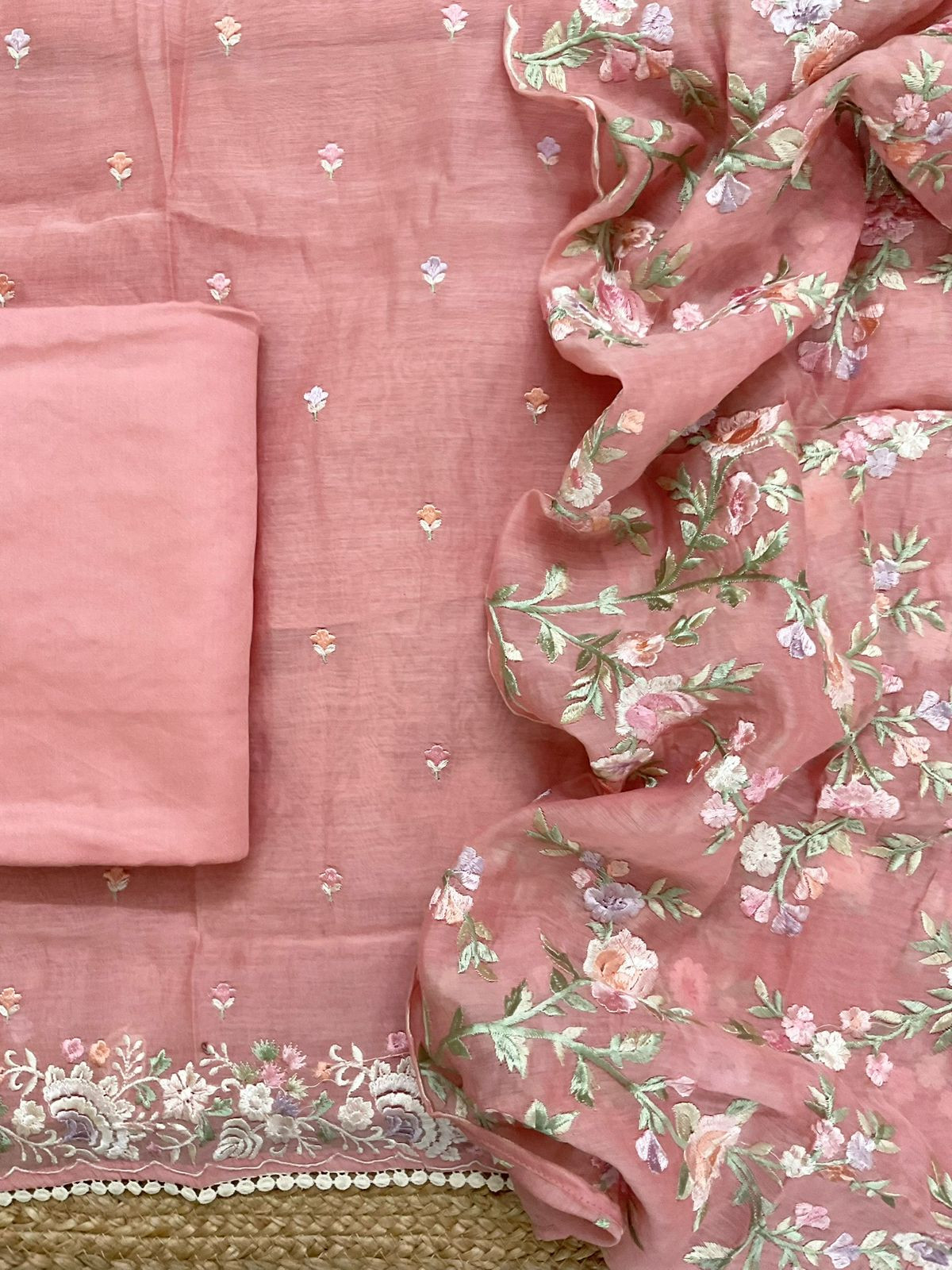 Pure Mul Chanderi Embroidered Suit - Peach