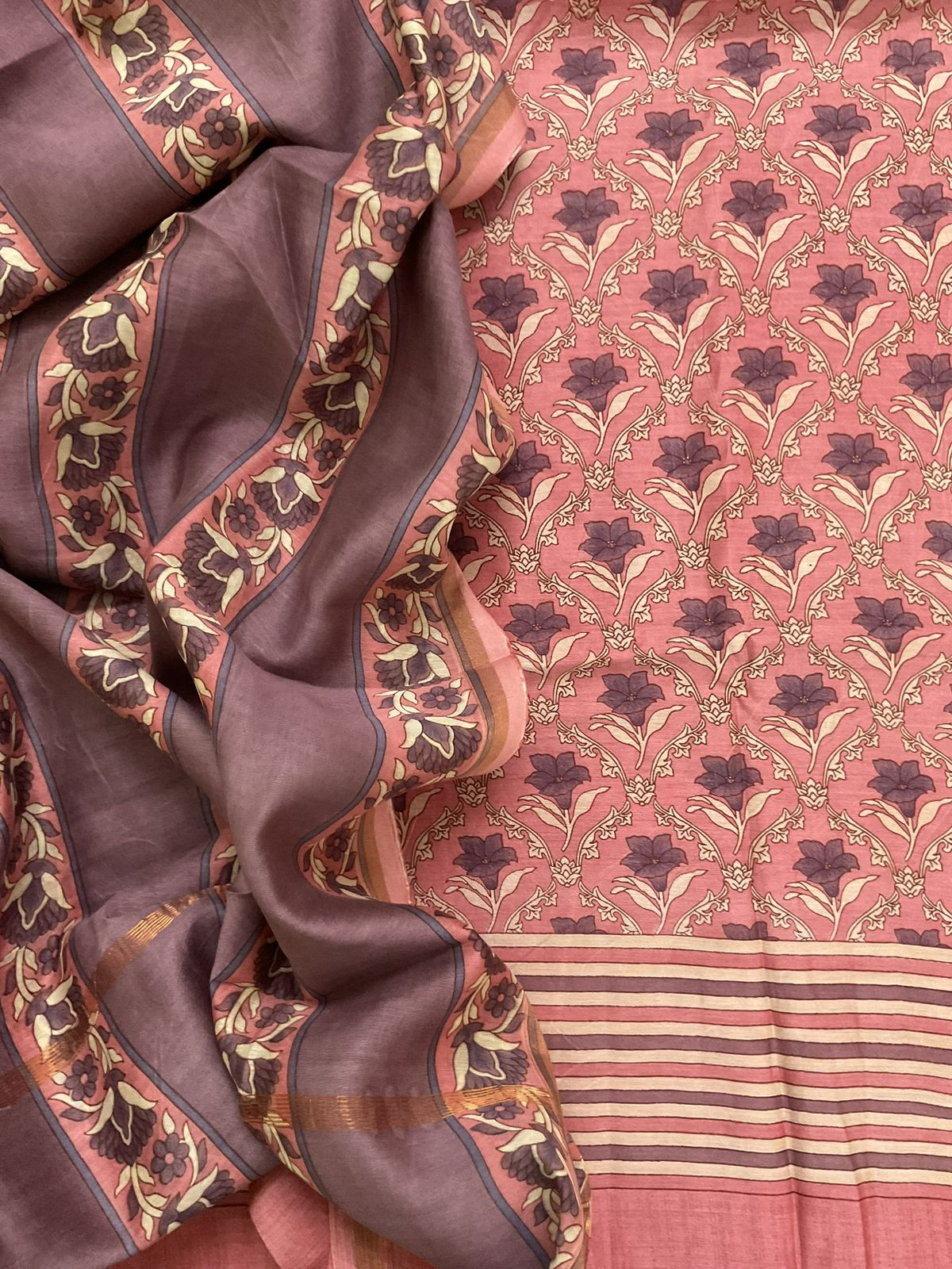 Pure Mul Chanderi Printed Suit - Peach