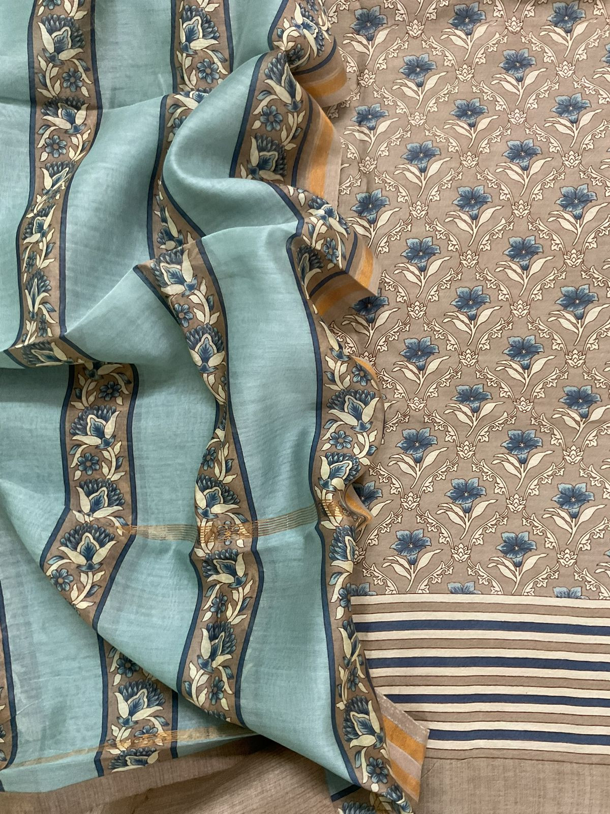 Pure Mul Chanderi Printed Suit - Beige