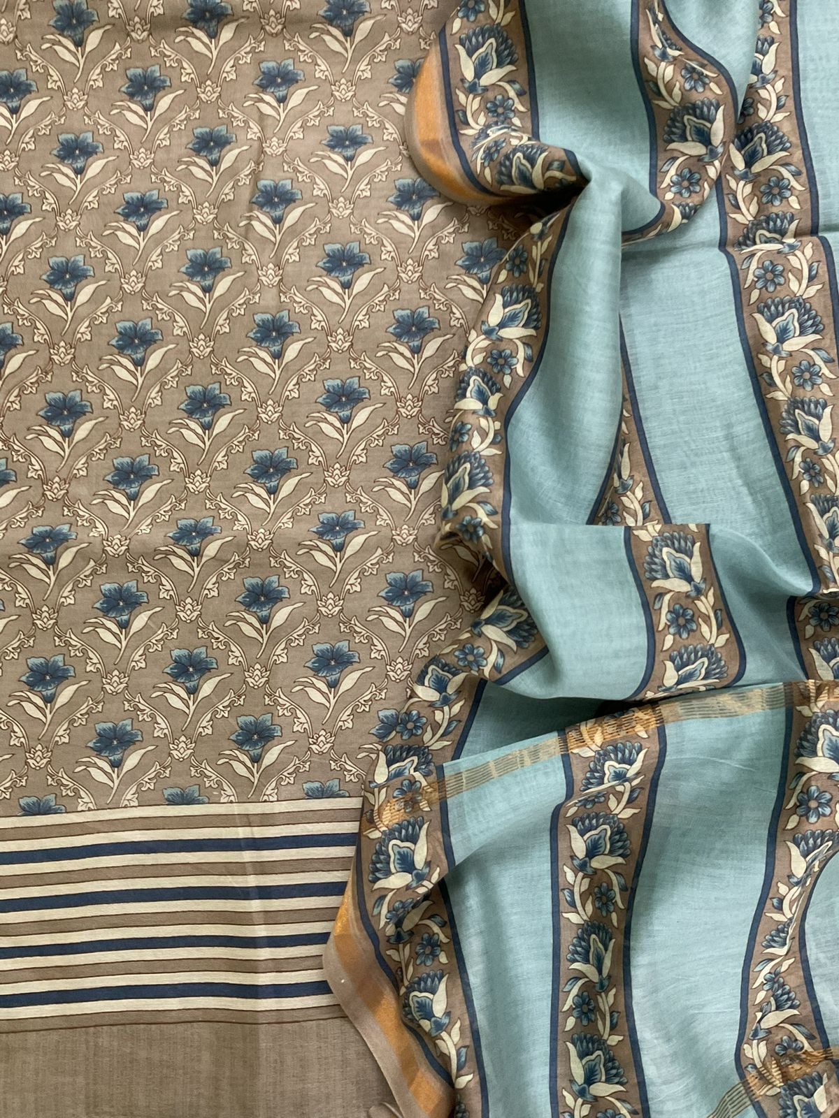 Pure Mul Chanderi Printed Suit - Beige