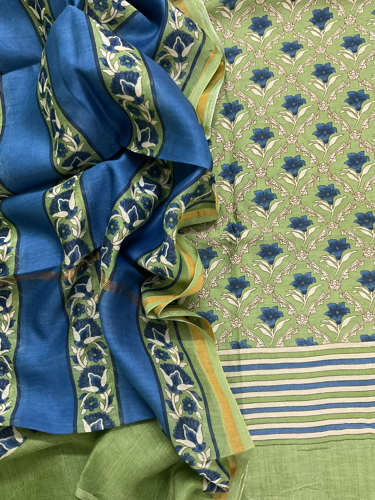 Pure Mul Chanderi Printed Suit - Green