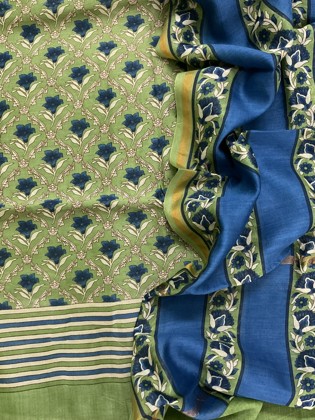Pure Mul Chanderi Printed Suit - Green