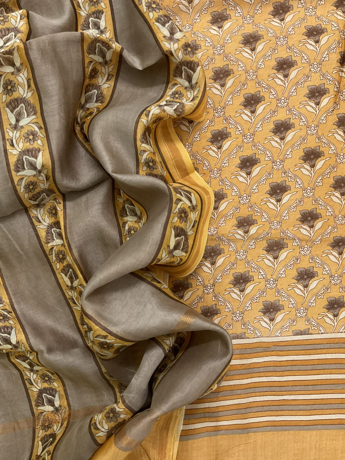 Pure Mul Chanderi Printed Suit - Mustard