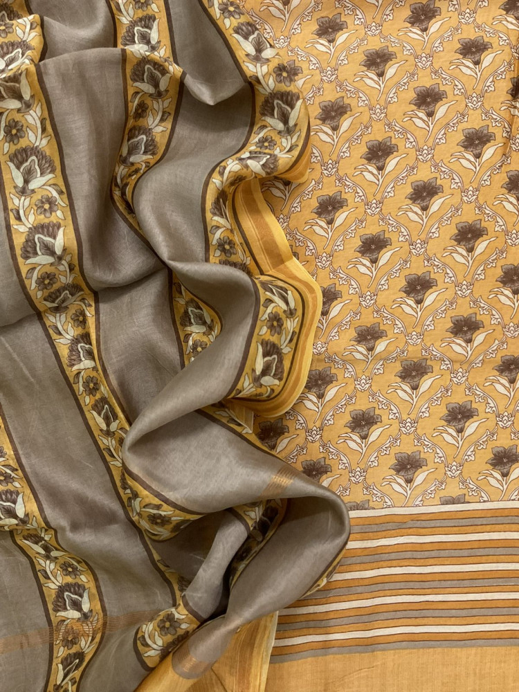 Image of Pure Mul Chanderi Printed Suit - Mustard