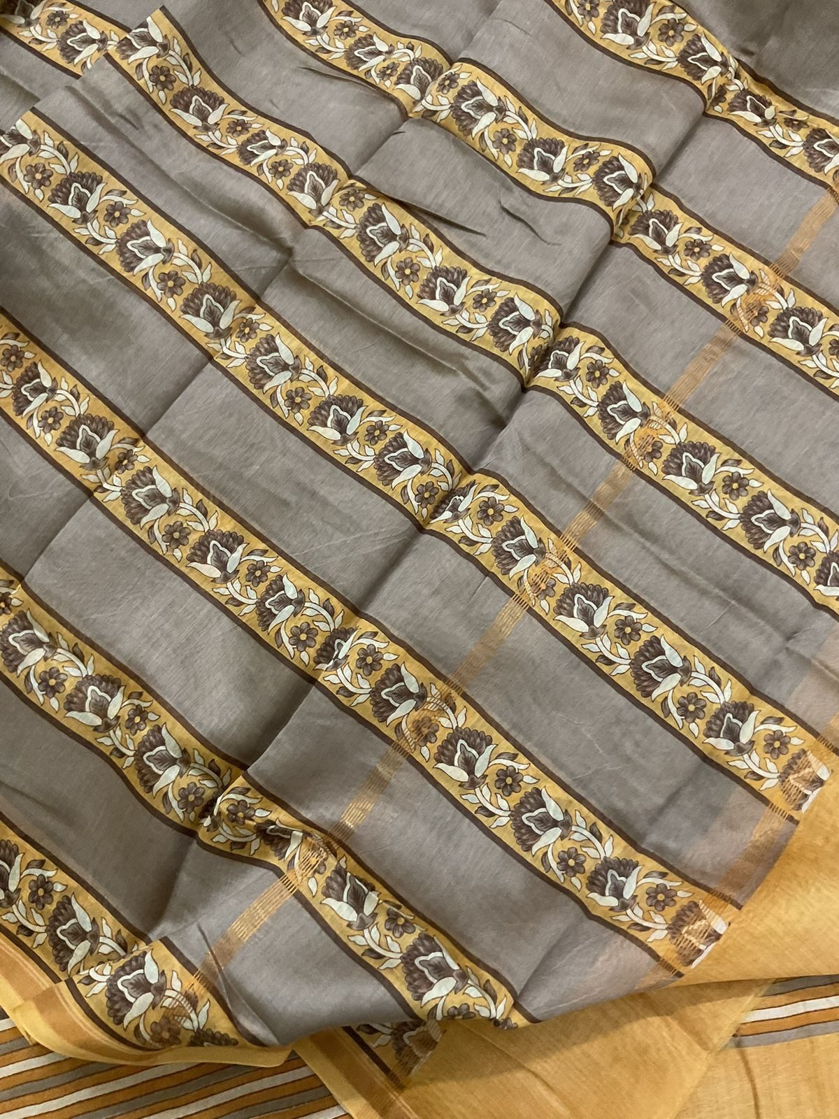 Pure Mul Chanderi Printed Suit - Mustard